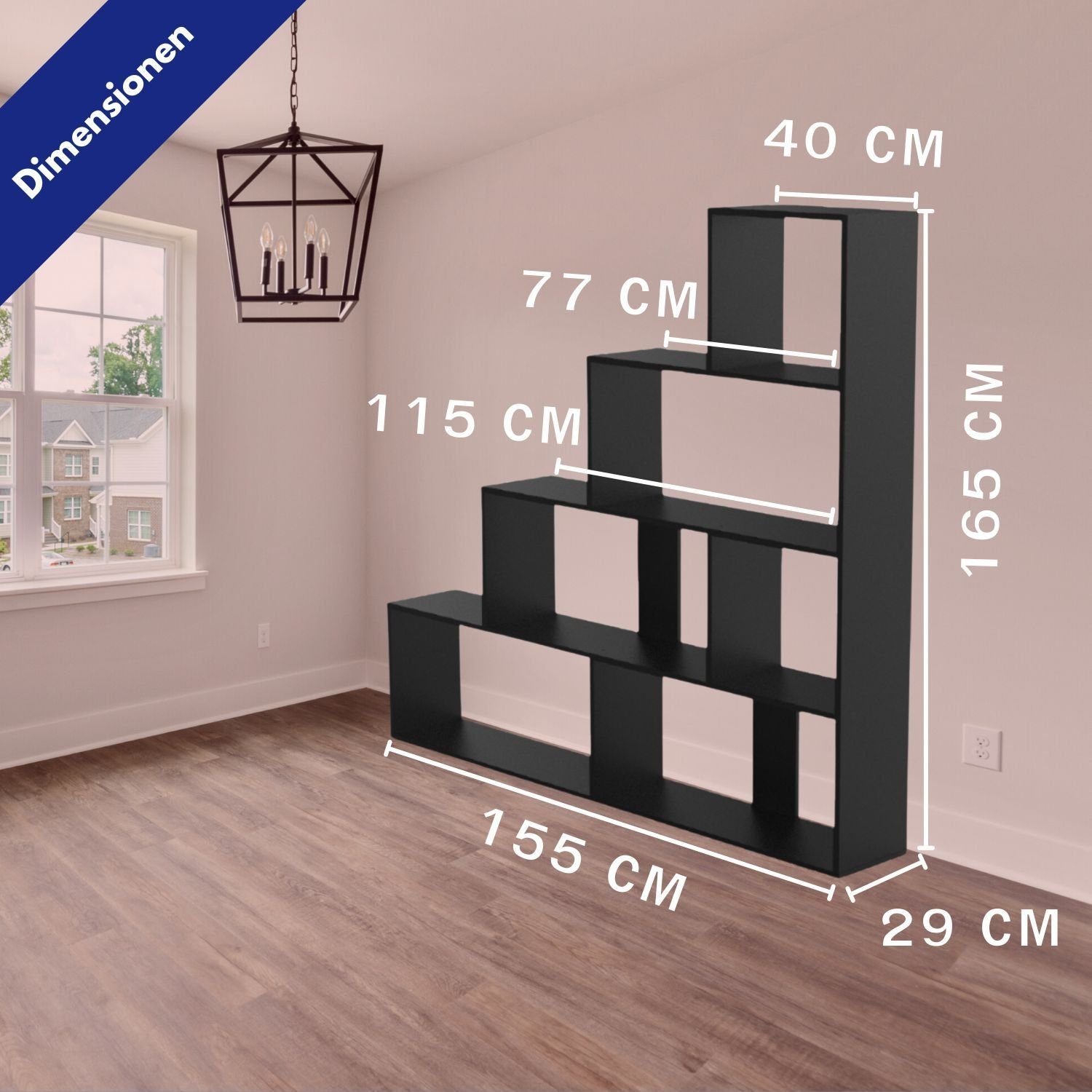 Scala kombinierbar 155x29x163 Raumteiler Regal, Schwarz cm Coemo aus Treppenregal Holz