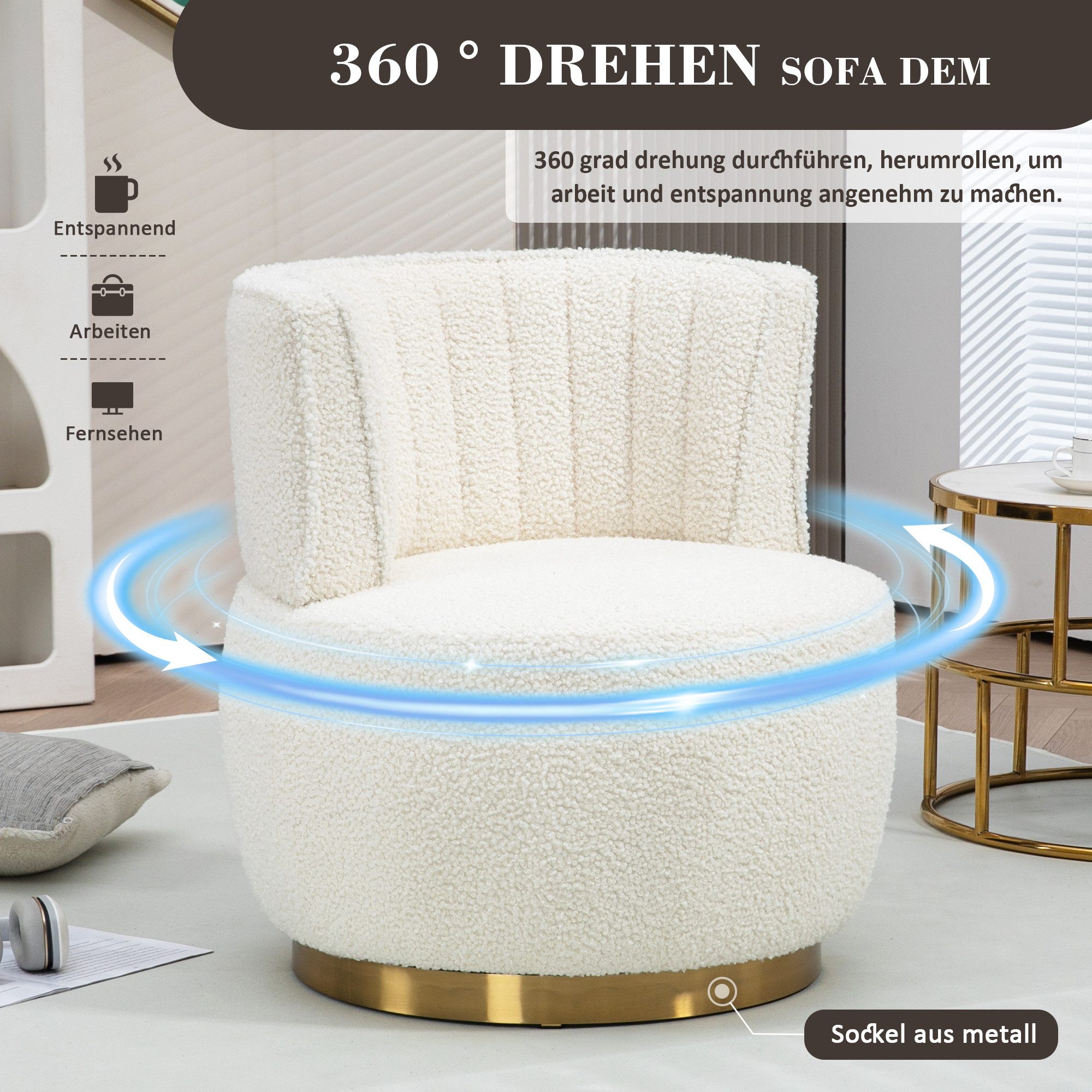 KLAM HOME Stuhl Moderner 360-Grad-Drehstuhl aus Teddy/Samt – Komfortable Rückenlehne, Wohnzimmerstuhl Geeignet für Wohnzimmer Schlafzimmer Arbeitszimmer