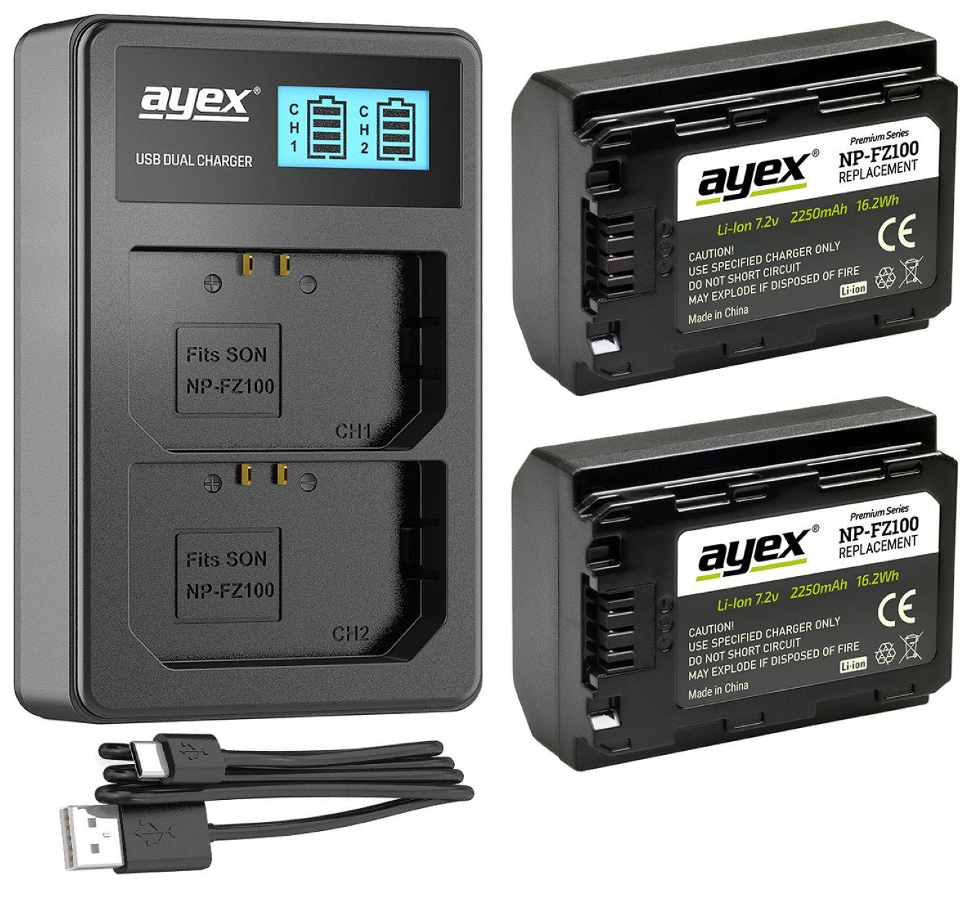 NP-FZ100 Kamera-Akku Dual- 1x für ayex Akku 2x Sony USB Ladegerät