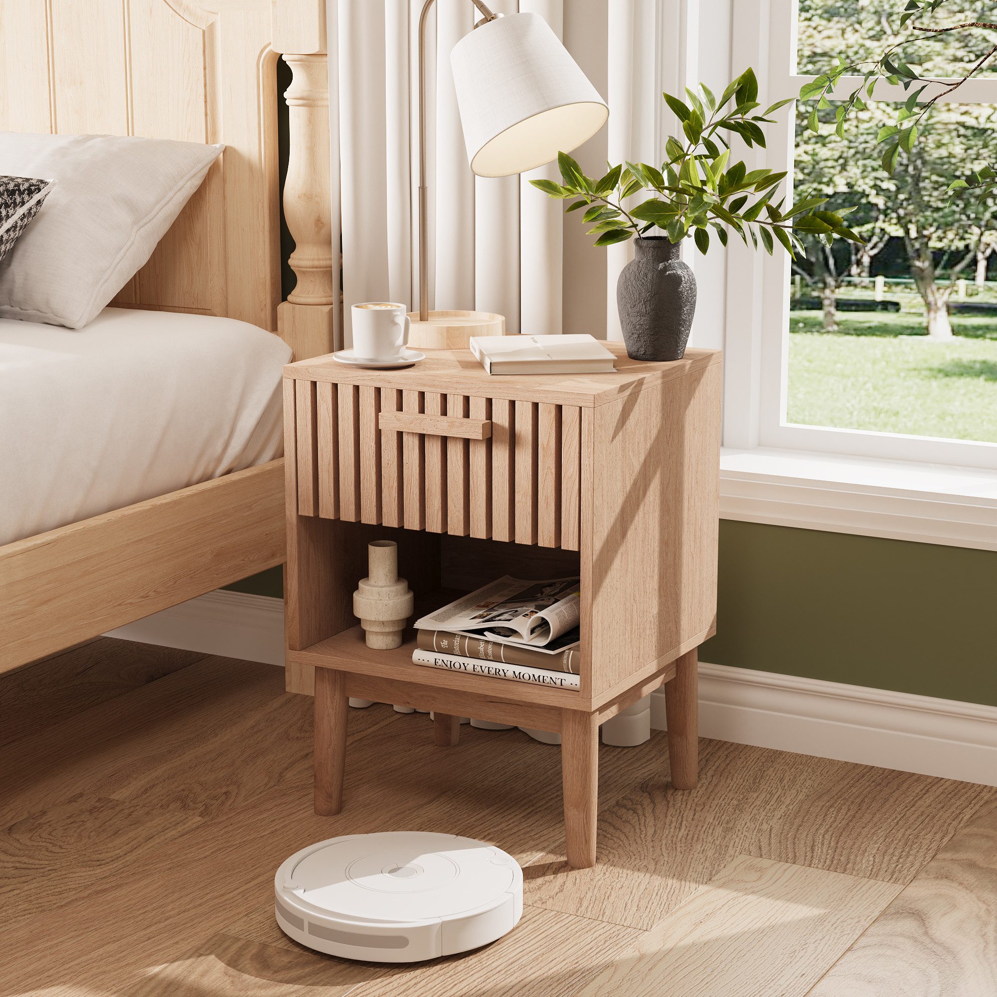 Simurq Nachttisch 2er Set, Nachtkommode mit Schubladen, Nightstand (2-St.Nachtschrank, Sofatisch für Wohnzimmer Schlafzimmer), 40 x 35 x 55 cm, Griffe aus Massivholz