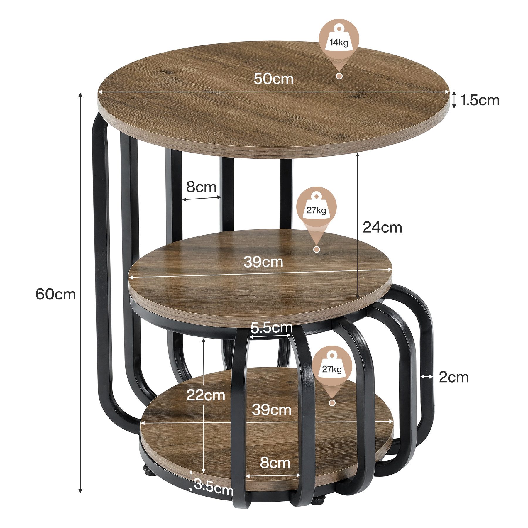Tribesigns Beistelltisch Runder Beistelltisch mit 3 Ablagen, Nachttisch aus Holz und Metall, Industrial Design, Braun, 50 × 50 × 60 cm – Bild 2 von 5