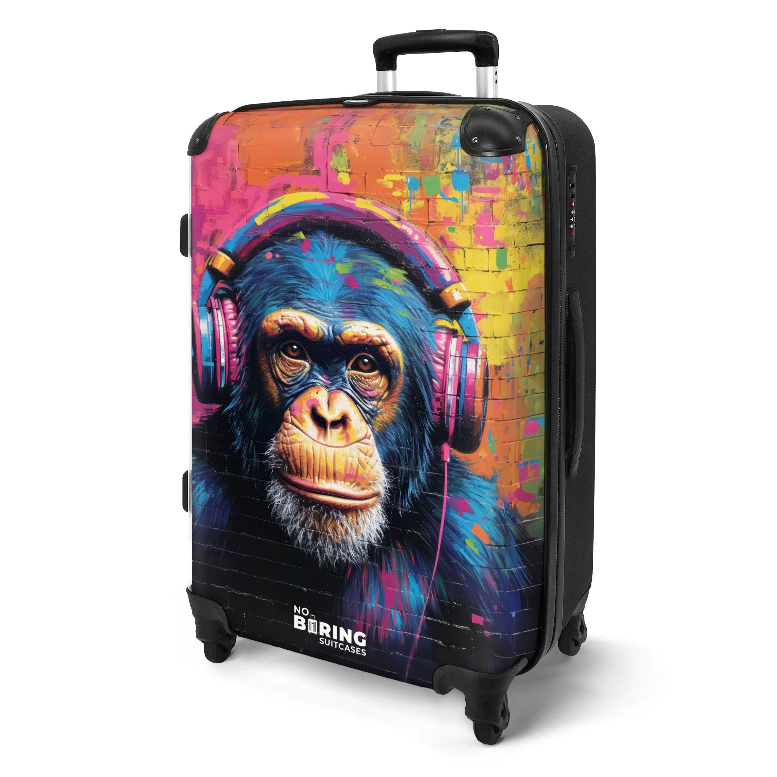 NoBoringSuitcases.com© Hartschalen-Trolley Buntes Äffchen mit Kopfhörern günstig online kaufen