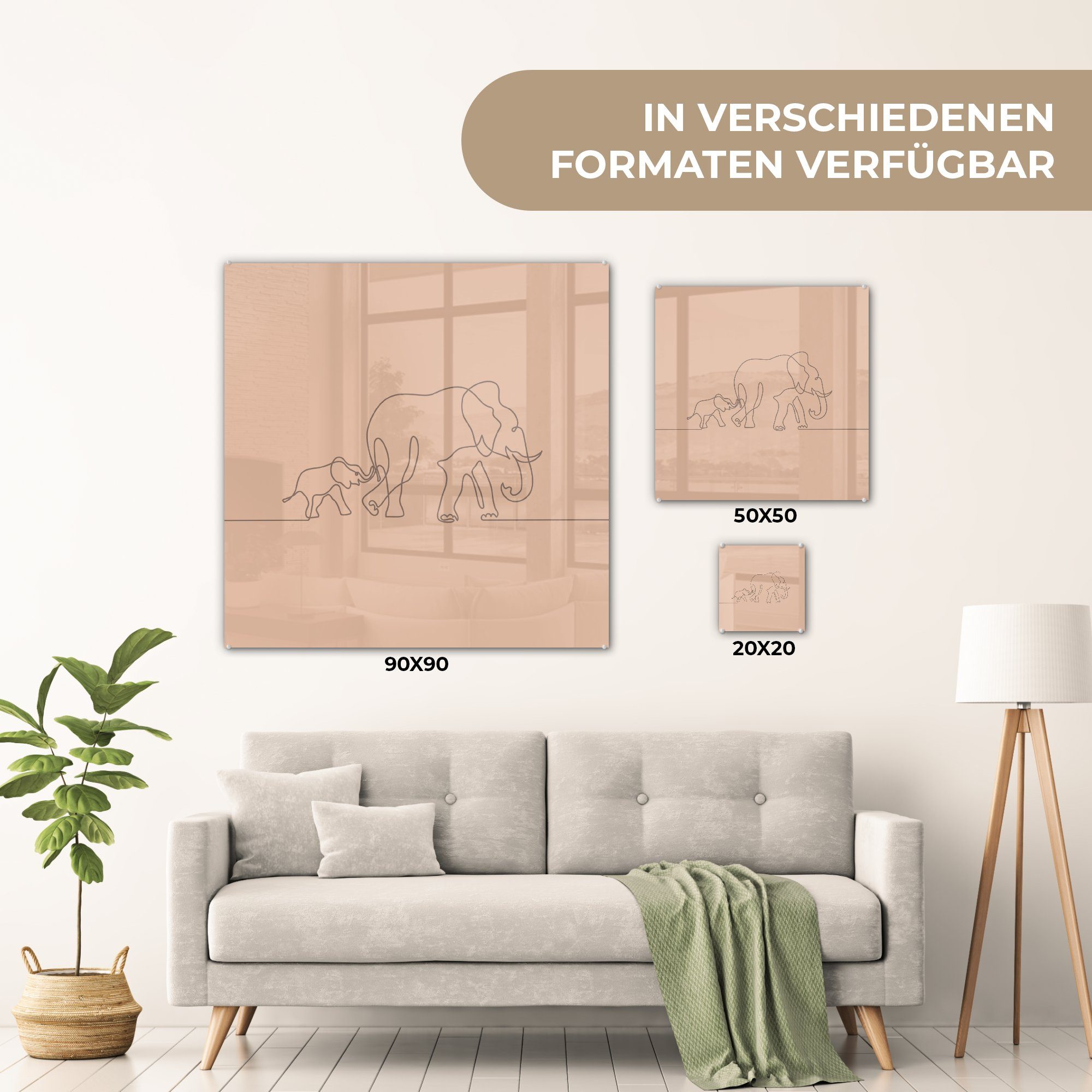 MuchoWow Acrylglasbild St), - auf Wandbild Elefanten - Bilder Minimalismus - (1 Wanddekoration Glas - Einfach, Foto Glasbilder Glas auf 