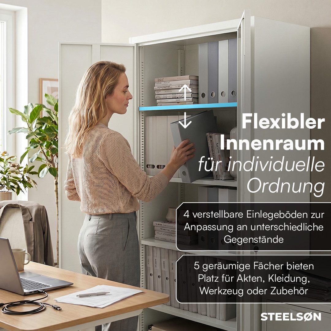 STEELSØN Aktenschrank Regulus aus Stahl, abschließbar mit 2 Schlüsseln (Weiß) Spindschrank mit 4 höhenverstellbaren Einlegeböden, 175x40x80 cm – Bild 4 von 5