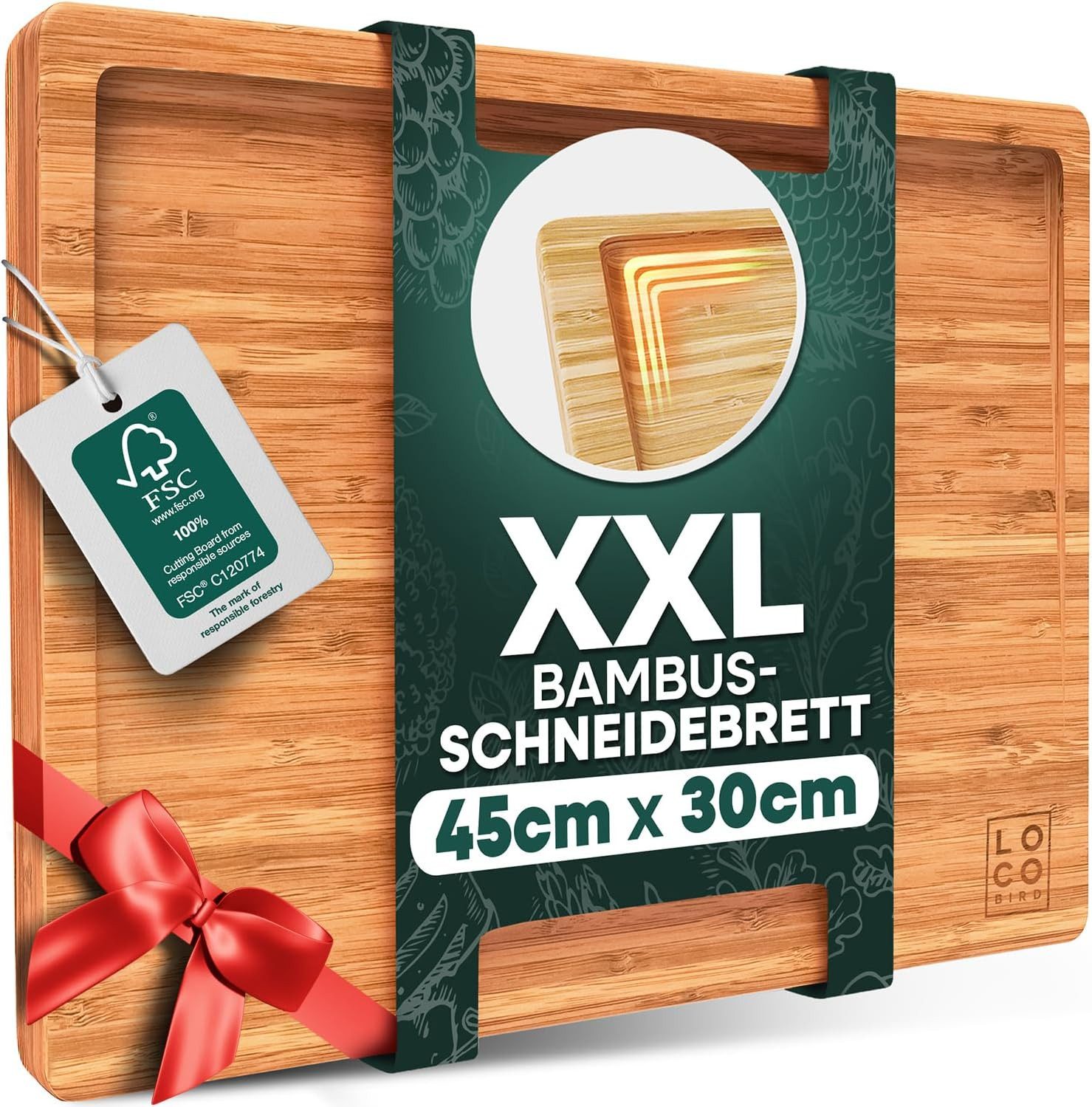 Loco Bird Schneidebrett mit Saftrille - 44,8x30x2 cm großes Holz-Brett für die Küche, Bambus, (1-St., XXL Tranchierbrett), Antibakterielles Holzbrett