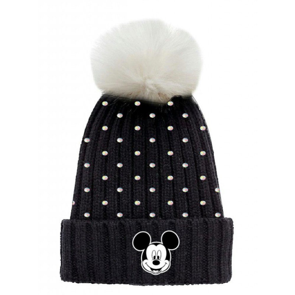Disney Strickmütze Mickey Mouse Wintermütze mit Glitzer- Steinen, Logo und Bommel
