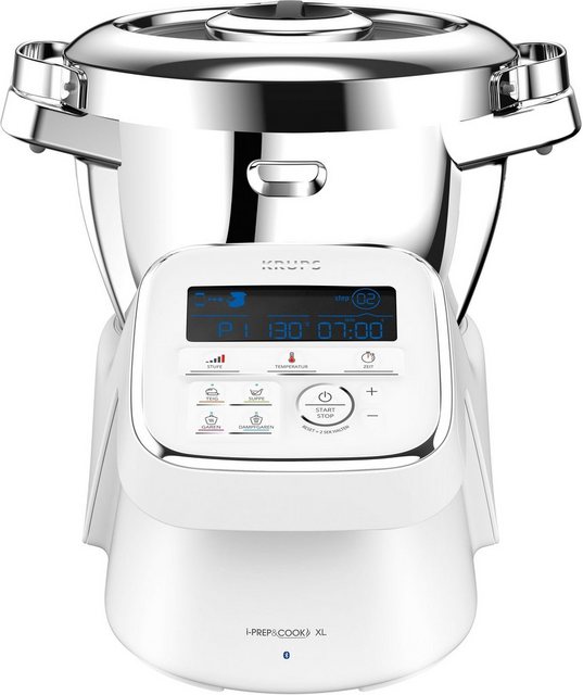 Krups Küchenmaschine mit Kochfunktion HP60A1 i Prep&Cook XL, 1550 W, 4,5 l Schüssel, 3 L Edelstahlschüssel, 10 Programme + manueller Modus, 6 Zubehöre, Bluetooth Funktion mit App und Sprachsteuerung, weiß