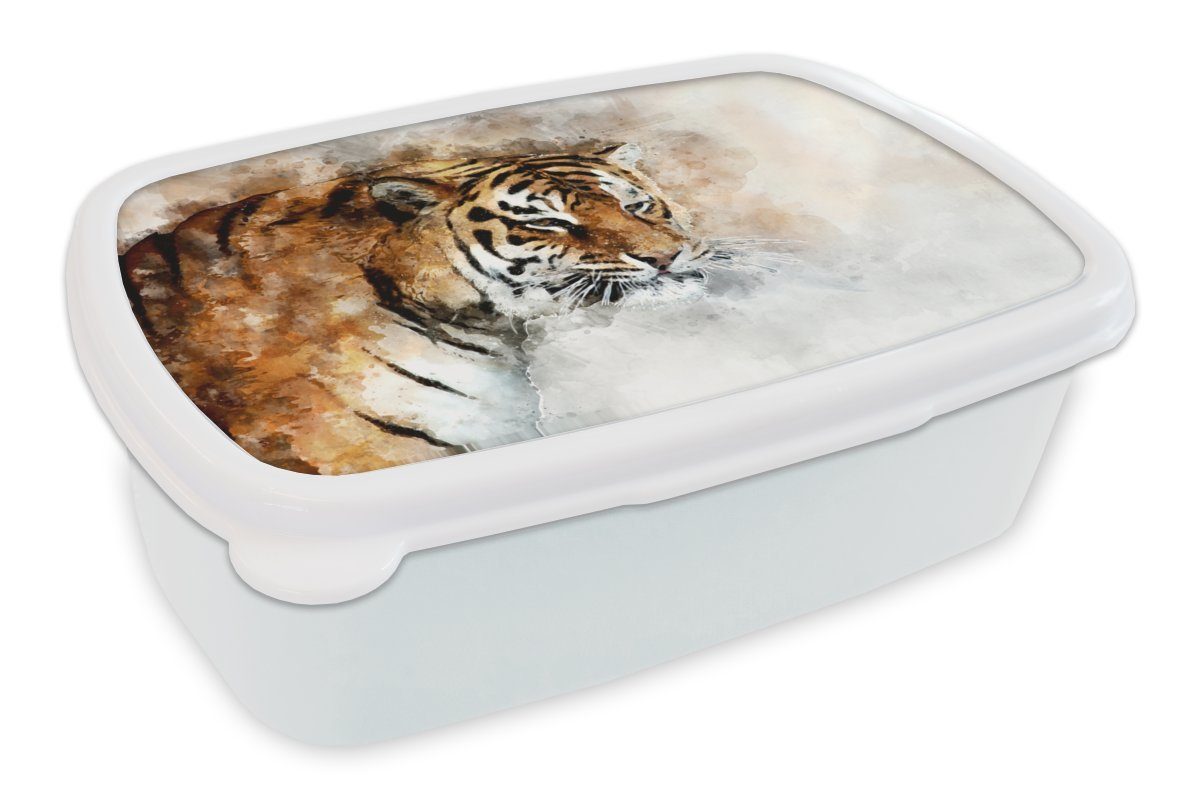MuchoWow Lunchbox Tiger - Augen - Gemälde, Kunststoff, (2-tlg), Brotbox für Kinder und Erwachsene, Brotdose, für Jungs und Mädchen weiß