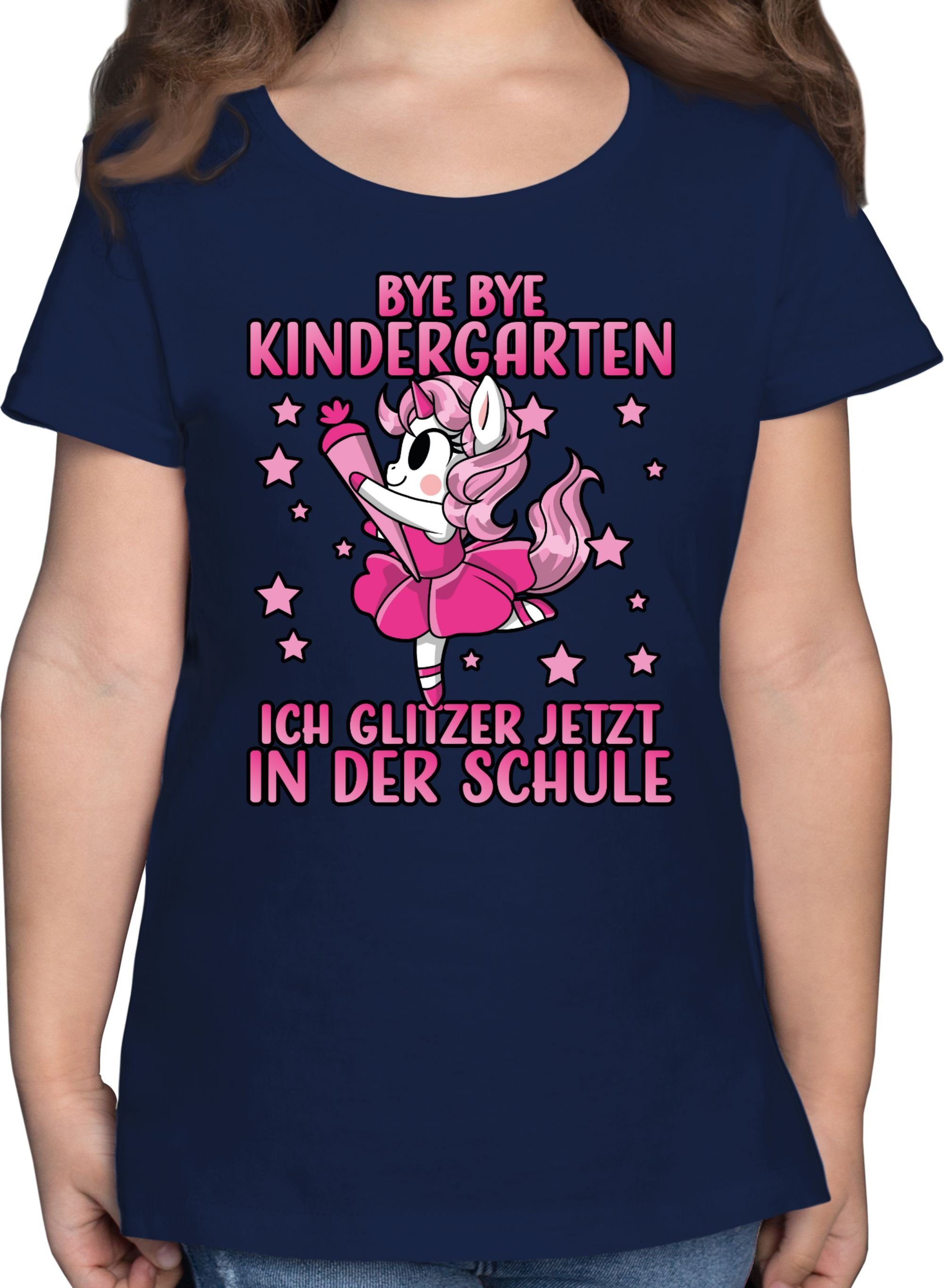 Shirtracer T-Shirt Bye Bye Kindergarten Pin in ich Schule Einschulung Blau mit Mädchen jetzt der Einhorn - Navy glitzer 1