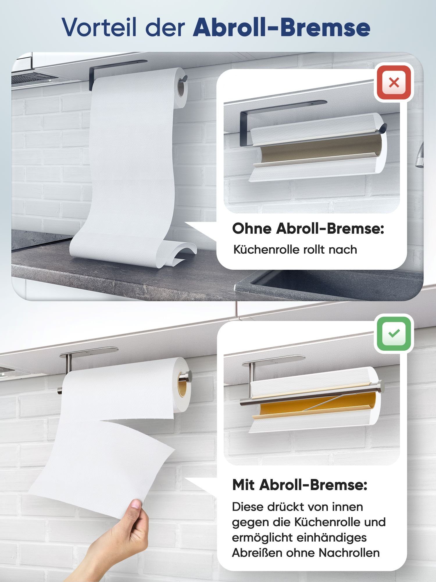 Wohnheld Küchenrollenhalter Küchenrollenhalter Küchenrolle MIT Abrollbremse Silber, mit Befestigung ohne Bohren