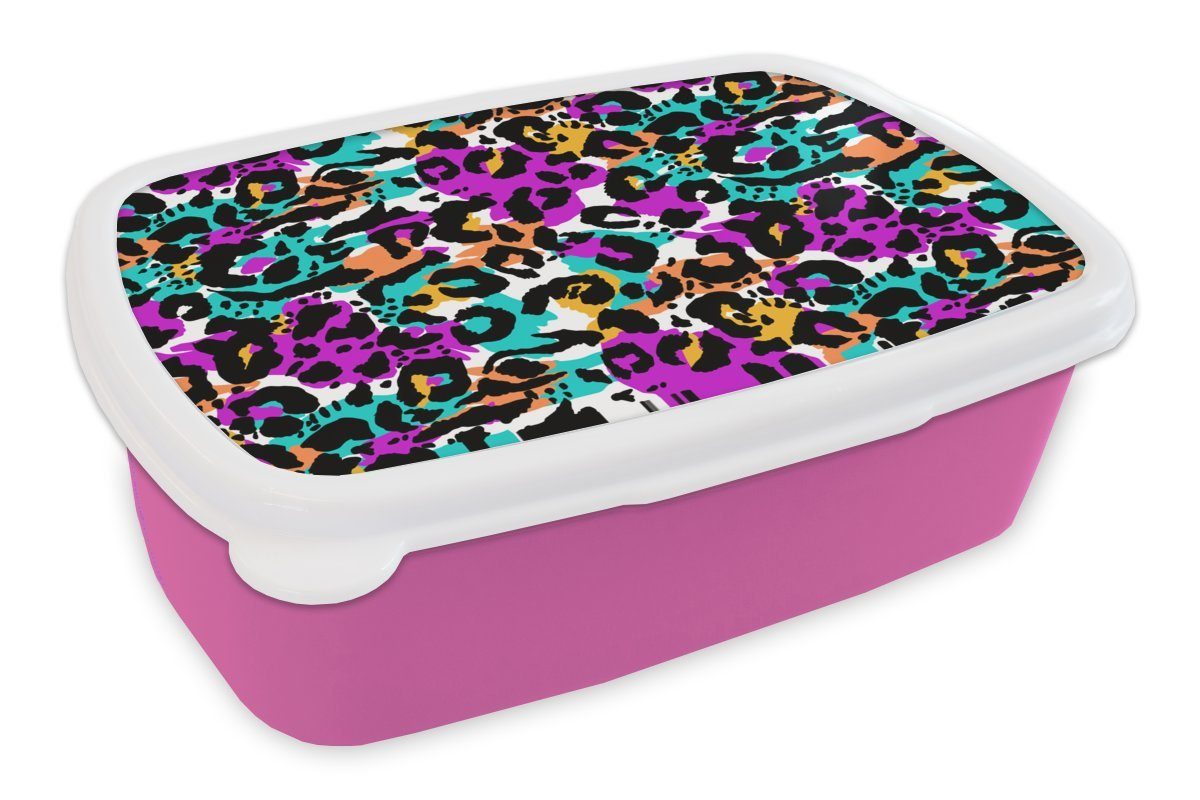 MuchoWow Lunchbox Pantherdruck - Regenbogen - Flecken, Kunststoff, (2-tlg), Brotbox für Erwachsene, Brotdose Kinder, Snackbox, Mädchen, Kunststoff rosa