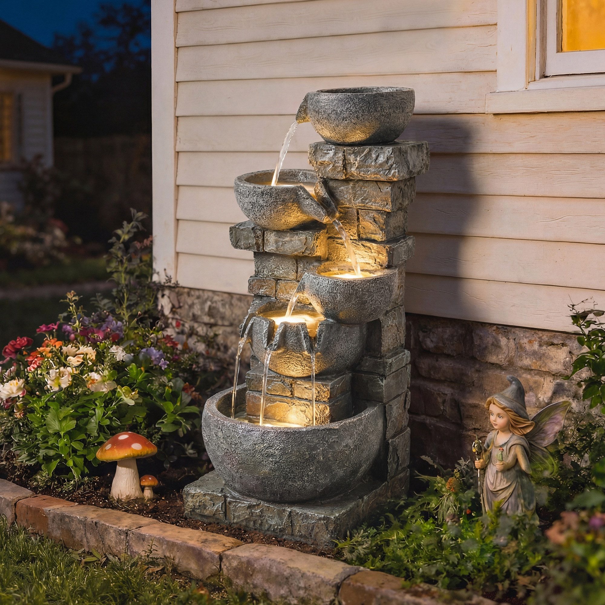 Outsunny Gartenbrunnen mit LED Beleuchtung, Pumpe, Steinoptik, 36 cm Breite, Wasserbecken BxT: 36x34 cm, (Springbrunnen, 1 tlg., Zimmerbrunnen), für Garten Terrasse 34 x 36 x 80 cm