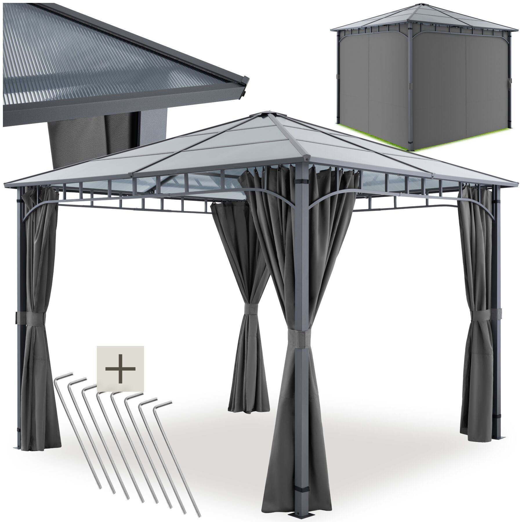 tectake Pavillon Gartenlaube 3 x 3 m wasserdicht mit Hardtop und Polycarbonatdach, mit 4 Seitenteilen, (Gartenüberdachung Caracas, in Grau), lichtdurchlässiges Dach und schließbare Seitenteile, Inkl. Heringe