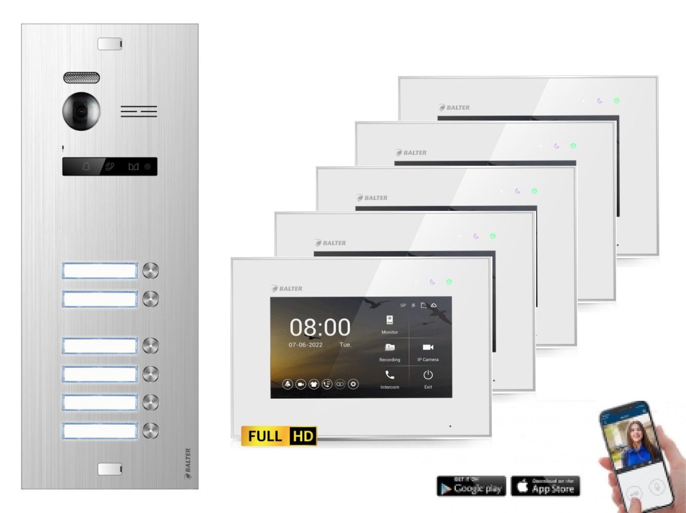 Balter Video-Türsprechanlage EVO-HD Komplettset 6-Familie Silber 6x 7" WLAN Monitor Weiß (Set, 6-Familienhaus, Komplettset, FullHD Kamera, mit App)
