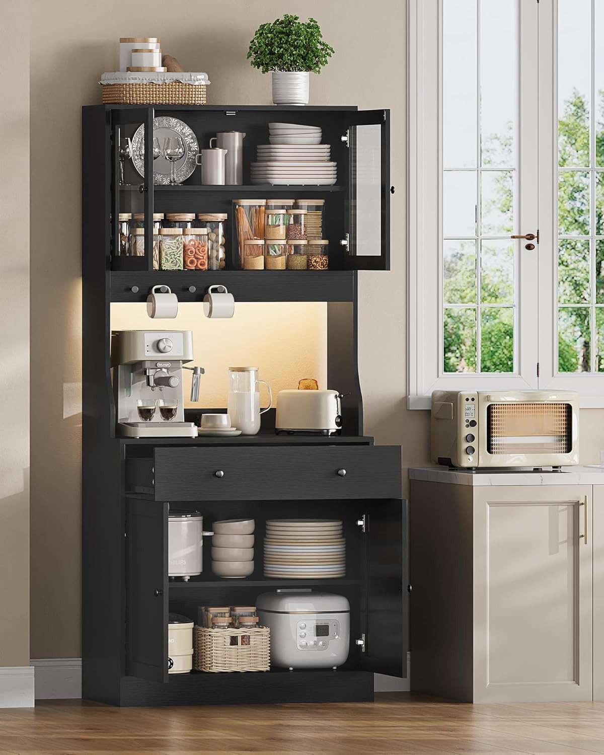 MSMASK Küchenbuffet Küchenschrank, Buffetschrank Hochschrank mit Schublade und LED, Weiß