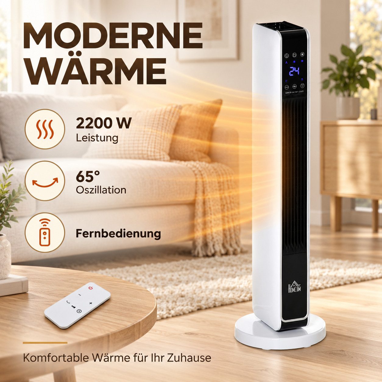 MIBODE Heizlüfter 2200W Heizlüfter mit Fernbedienung, 8H Timer, Weiß Schwarz, 65° Oszillation ↵ Fernbedienung ↵ LED ↵ 1–8h Timer ↵ Schutz