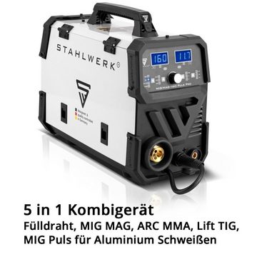 STAHLWERK Inverterschweißgerät MIG MAG 160 Puls Pro IGBT Schutzgas Schweißgerät, 20 - 160 A, Set, 8-tlg., Pro IGBT Vollsynergisches 5 in 1 Kombigerät mit echten 160 Ampere