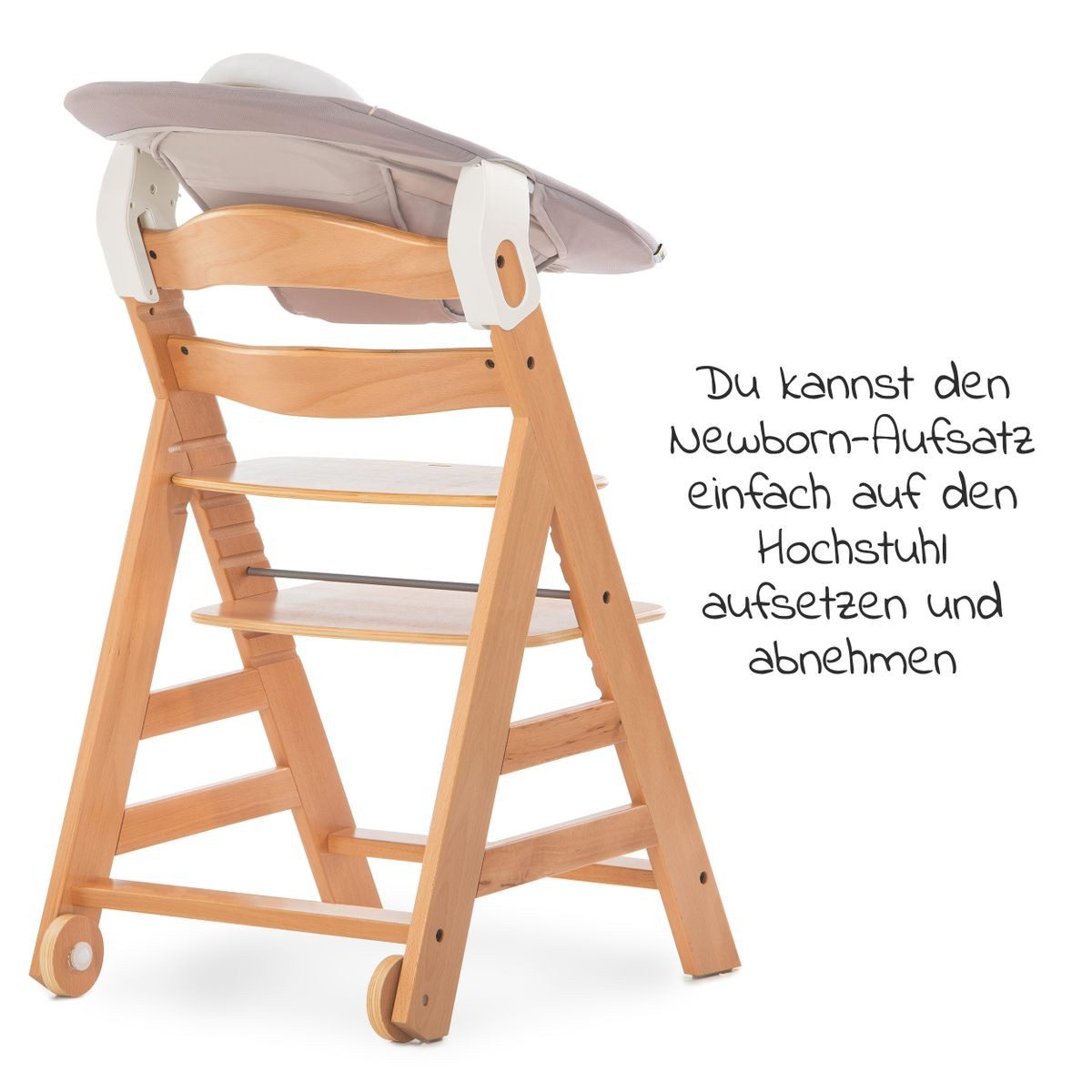 Hauck Hochstuhl Move Natur Newborn Set (5 St), Holz Babystuhl ab Geburt mit Neugeborenenaufsatz, Sitzkissen, Essbrett – Bild 4 von 5