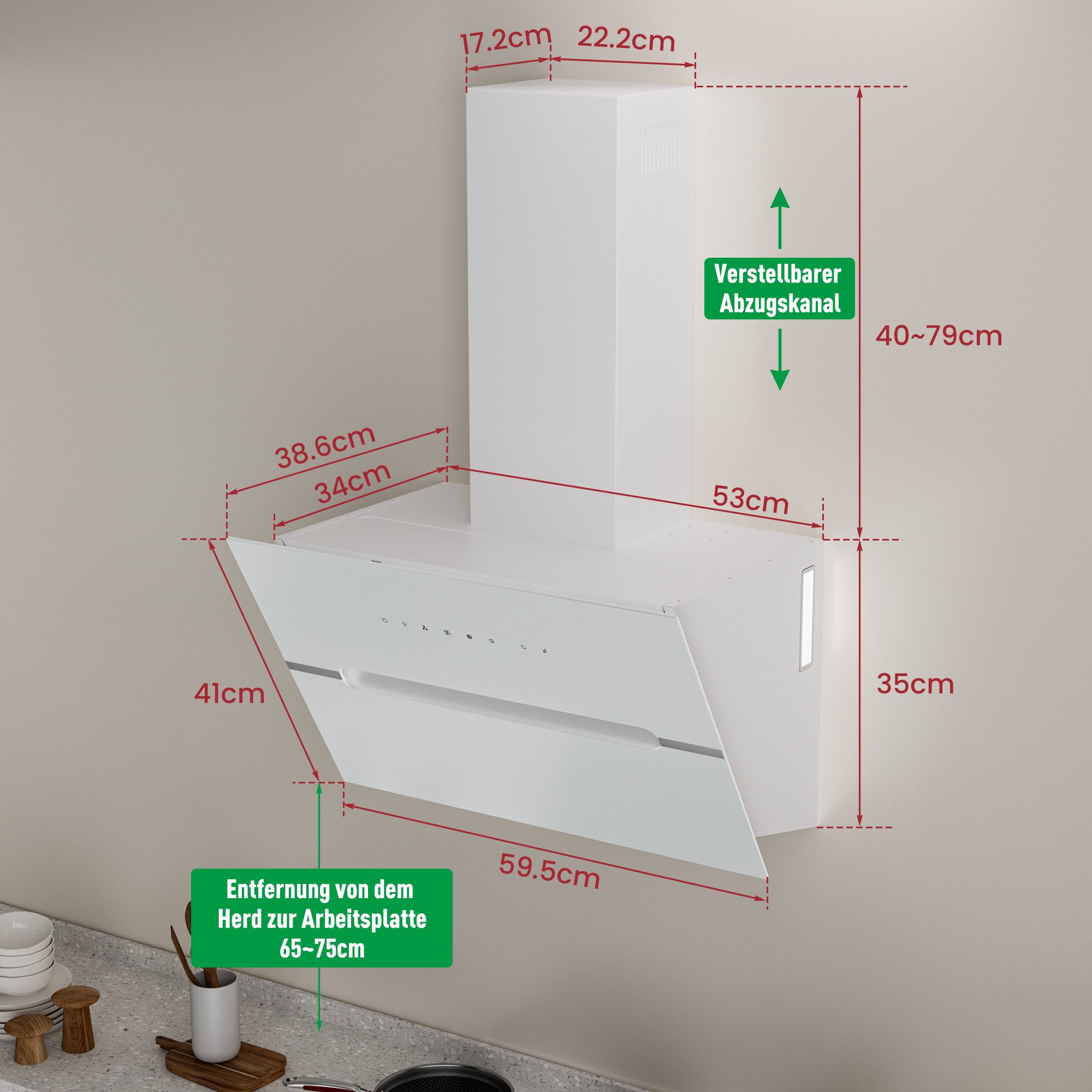 Levivo Kopffreihaube A+++ Dunstabzugshaube 60cm und 90cm Umluft & Abluft mit 720 m³/h Aktivkohlefiltern, Fettfiltern, LED-Beleuchtung – Bild 5 von 5