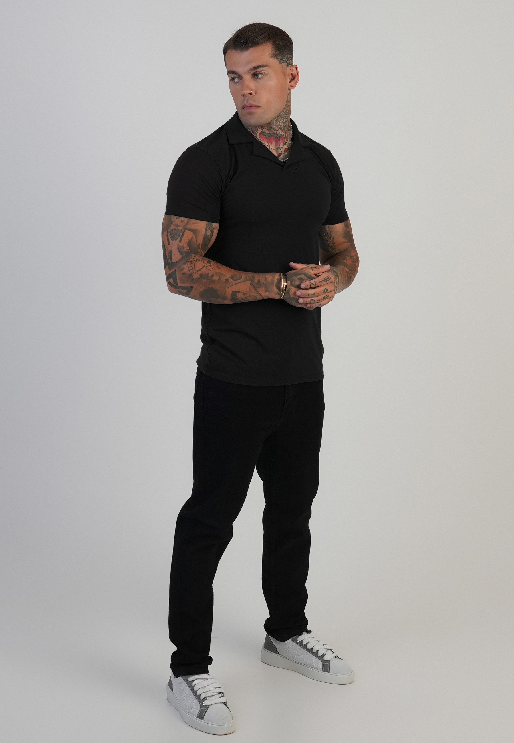 Siksilk T-Shirt SikSilk Herren Schwarzes Revere-Polo – Bild 4 von 5