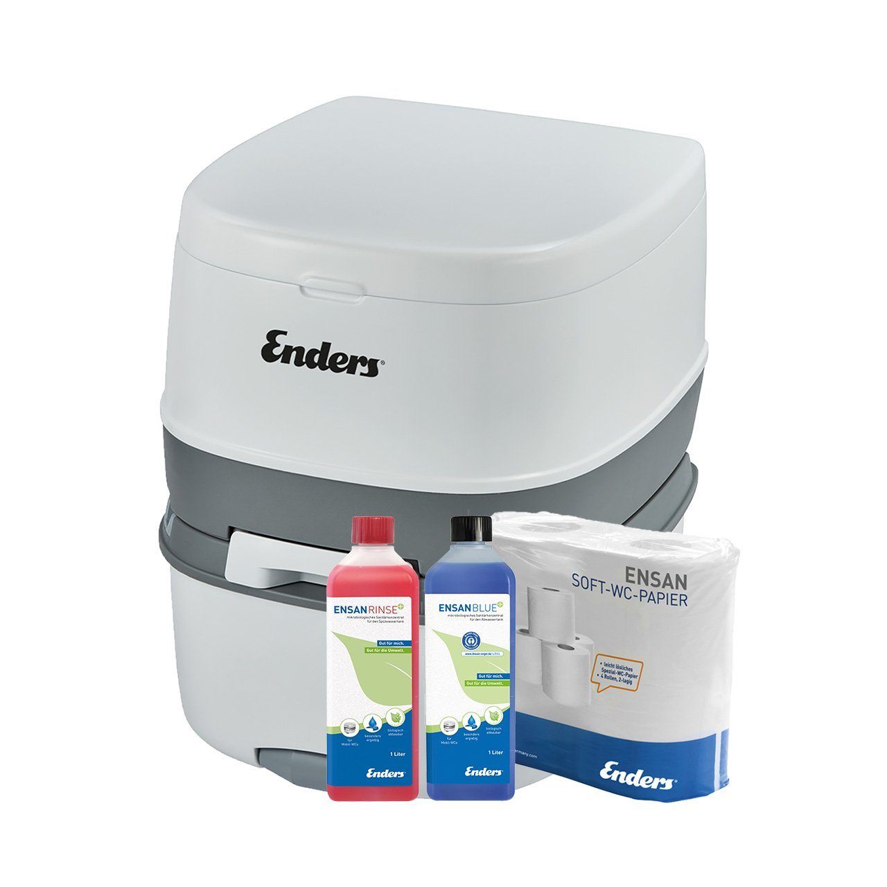 Enders® Campingtoilette SET Supreme small+: Supreme + Rinse+ 1L + Blue+ 1L + 2x WC-Papier, (Spar-Set, 1L Rinse+ + 1L Blue+ + 4 Rollen selbstauflösendes Toilettenpapier), integrierter Papierhalter, Belüftungstaste, Deckel + Brille abnehmbar