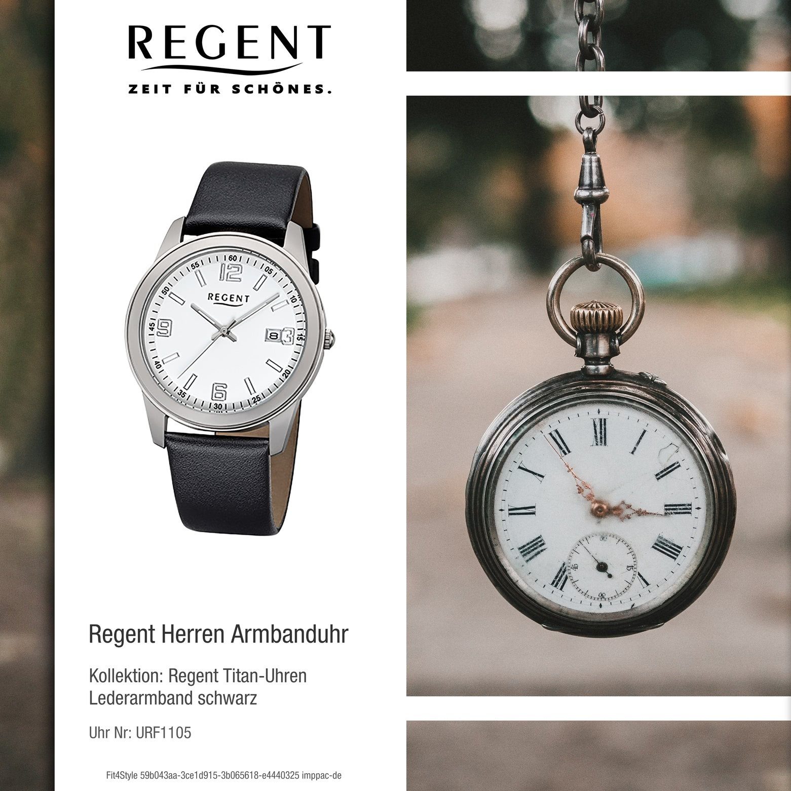 Armbanduhr Analog, schwarz Quarzuhr Regent Herren-Armbanduhr (ca. Regent rund, mittel Herren Lederarmband 38mm),
