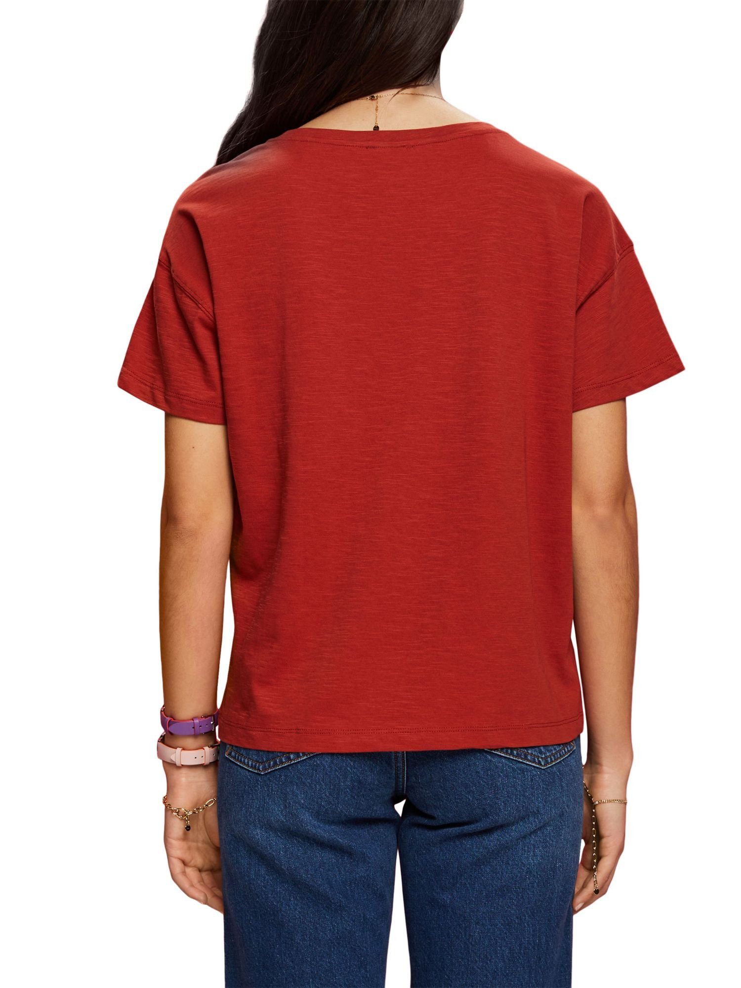 Esprit T-Shirt mit (1-tlg) Baumwoll-T-Shirt TERRACOTTA Spitzenbesatz
