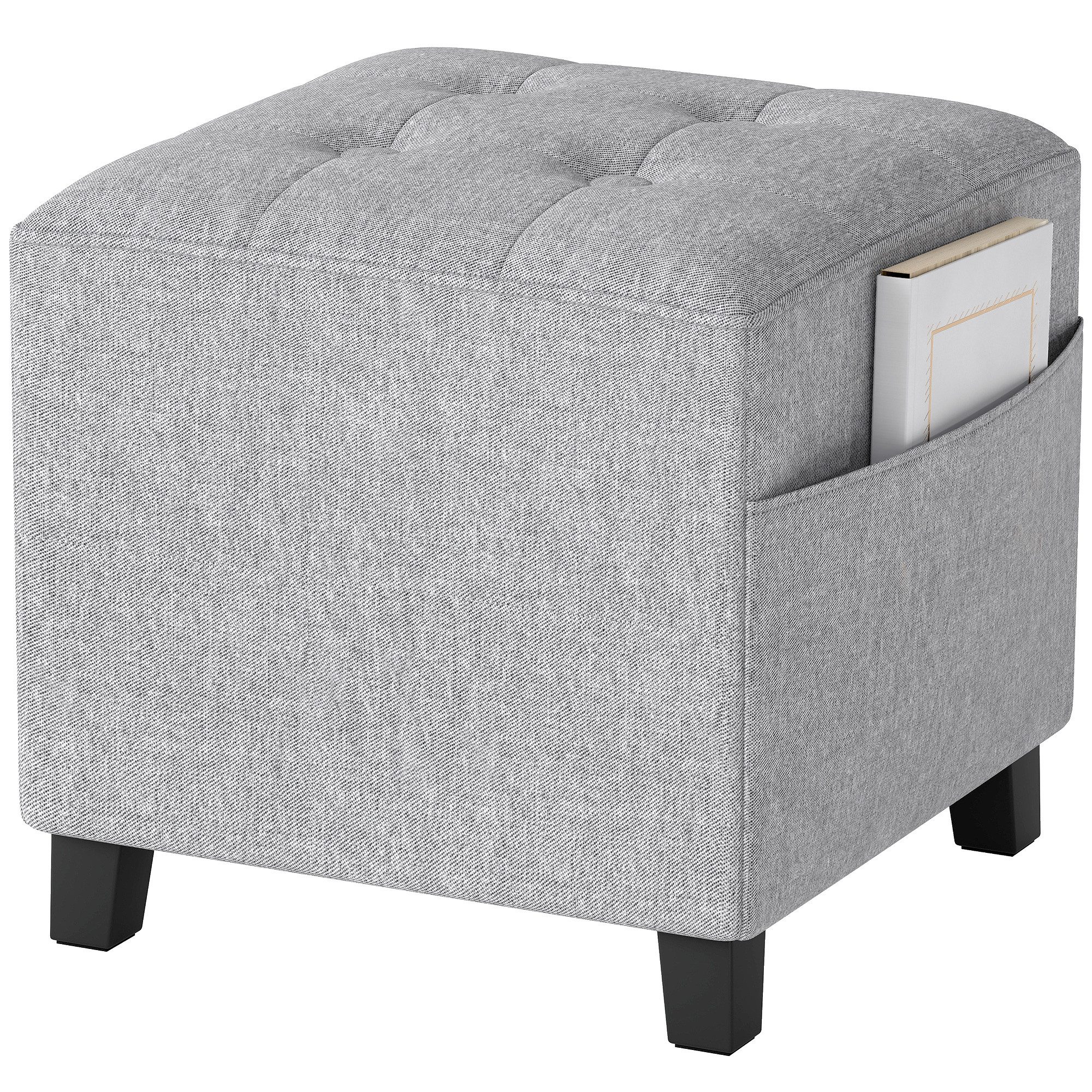 HOMCOM Fußhocker Hocker quadratischer Sitzhocker mit Seitentasche (Ottoman, 1 St., Polsterhocker), für Schlafzimmer, Wohnzimmer, 35 x 35 x 35 cm, Hellgrau