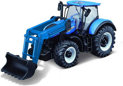 Bburago Spielzeug-Auto Traktor - New Holland T7.315 mit Frontlader (10cm), mit Schwungradantrieb