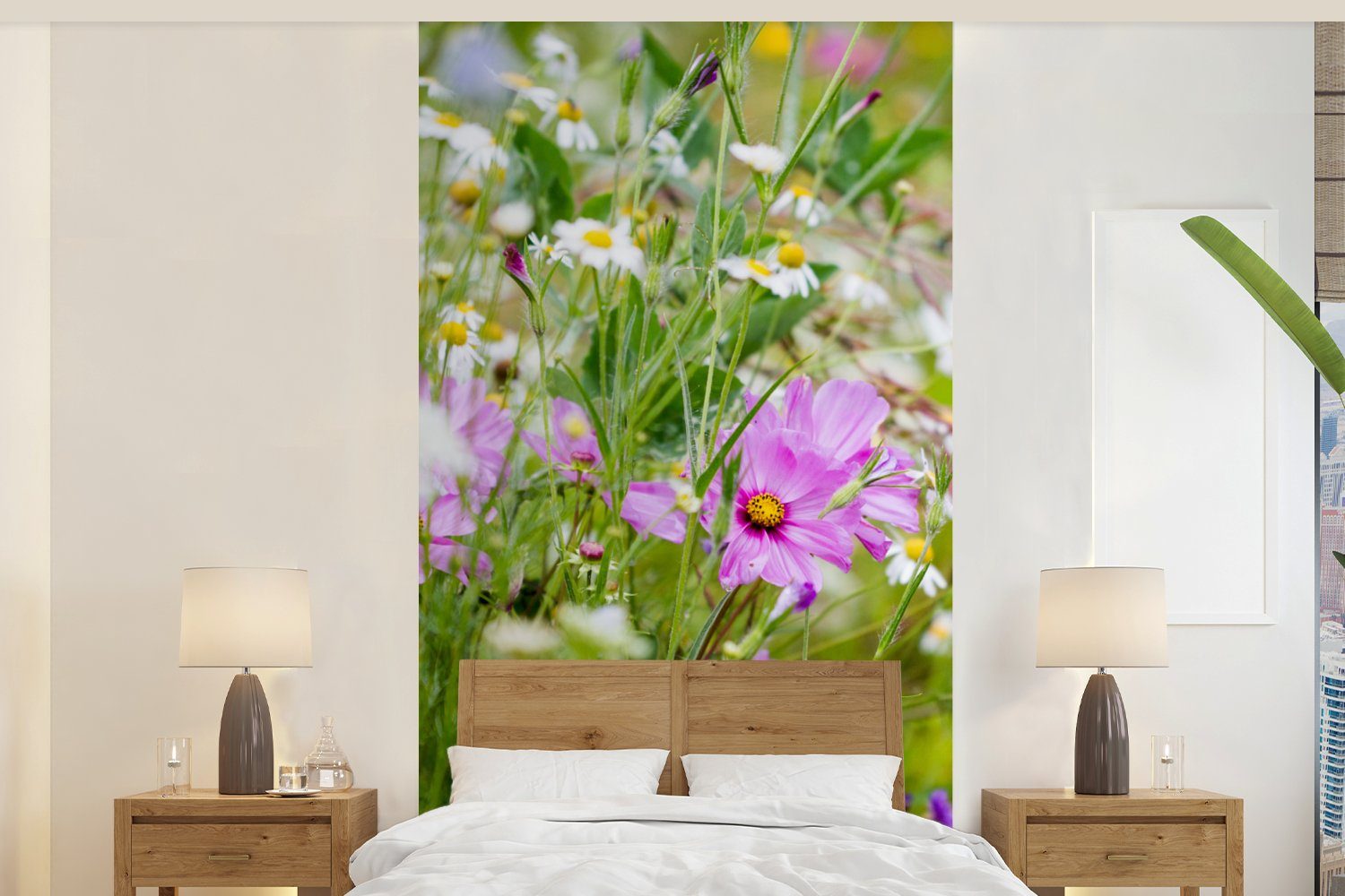 MuchoWow Fototapete Blumen - Natur - Grün - Gras - Lila - Weiß, Matt, bedruckt, (2 St), Vliestapete für Wohnzimmer Schlafzimmer Küche, Fototapete