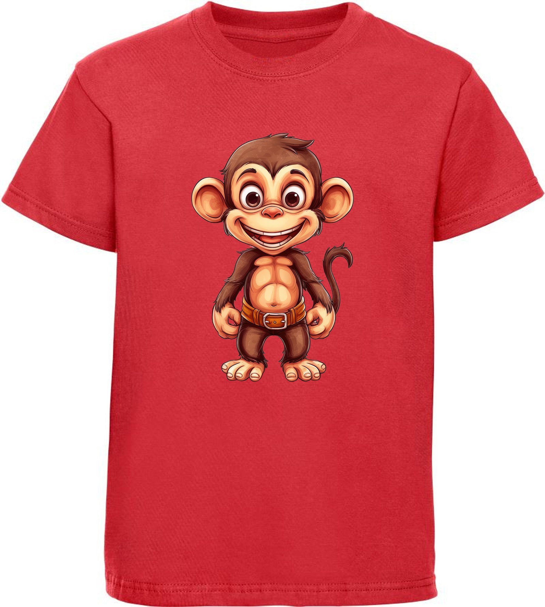 MyDesign24 T-Shirt i276 Schimpanse Affe mit - Baby Print Wildtier bedruckt Baumwollshirt Kinder Shirt Aufdruck, rot