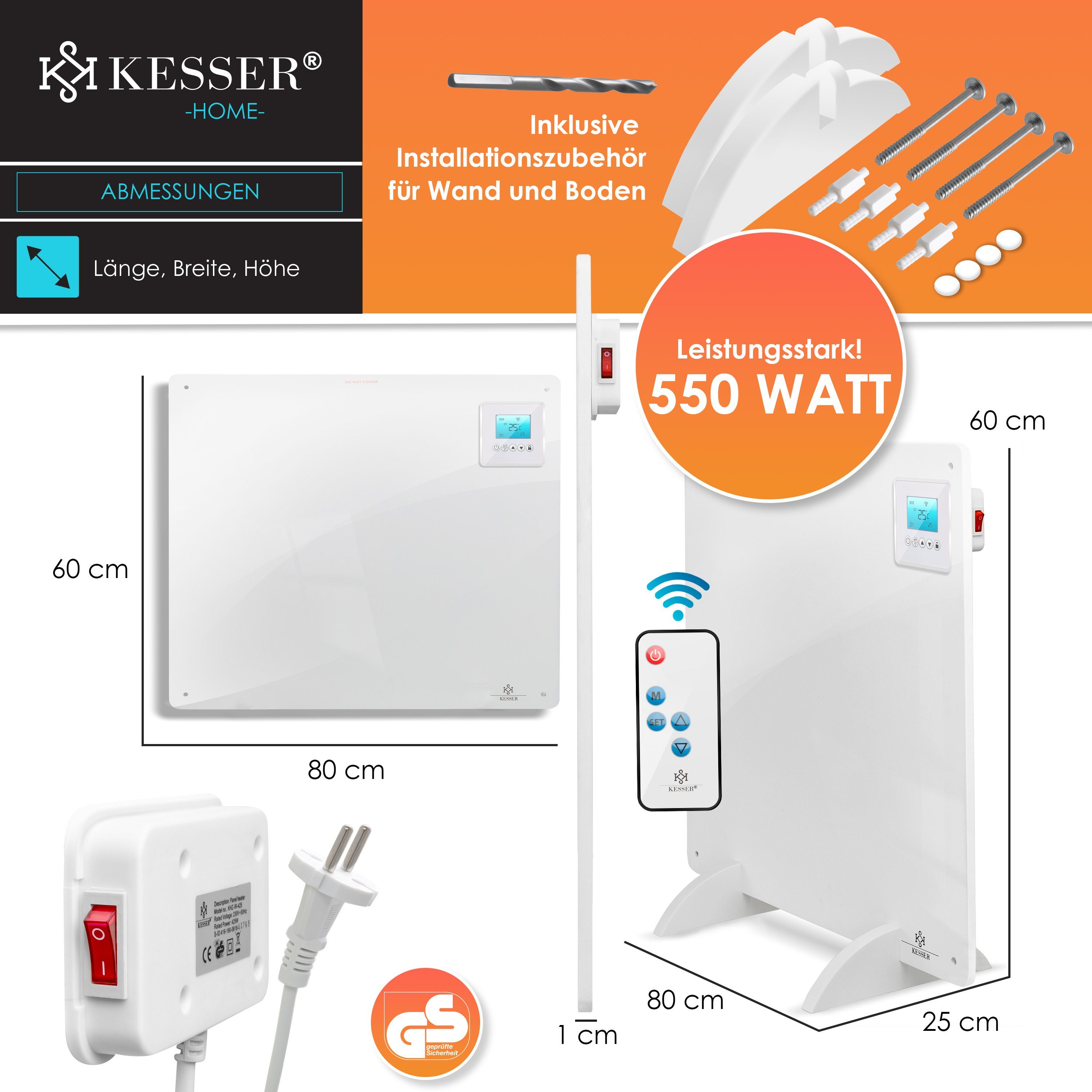 2er Infrarotheizung ( Watt Fernbedienung ) Watt Weiß LCD-Display 425-550 mit Set KESSER Infrarotheizung, - 550
