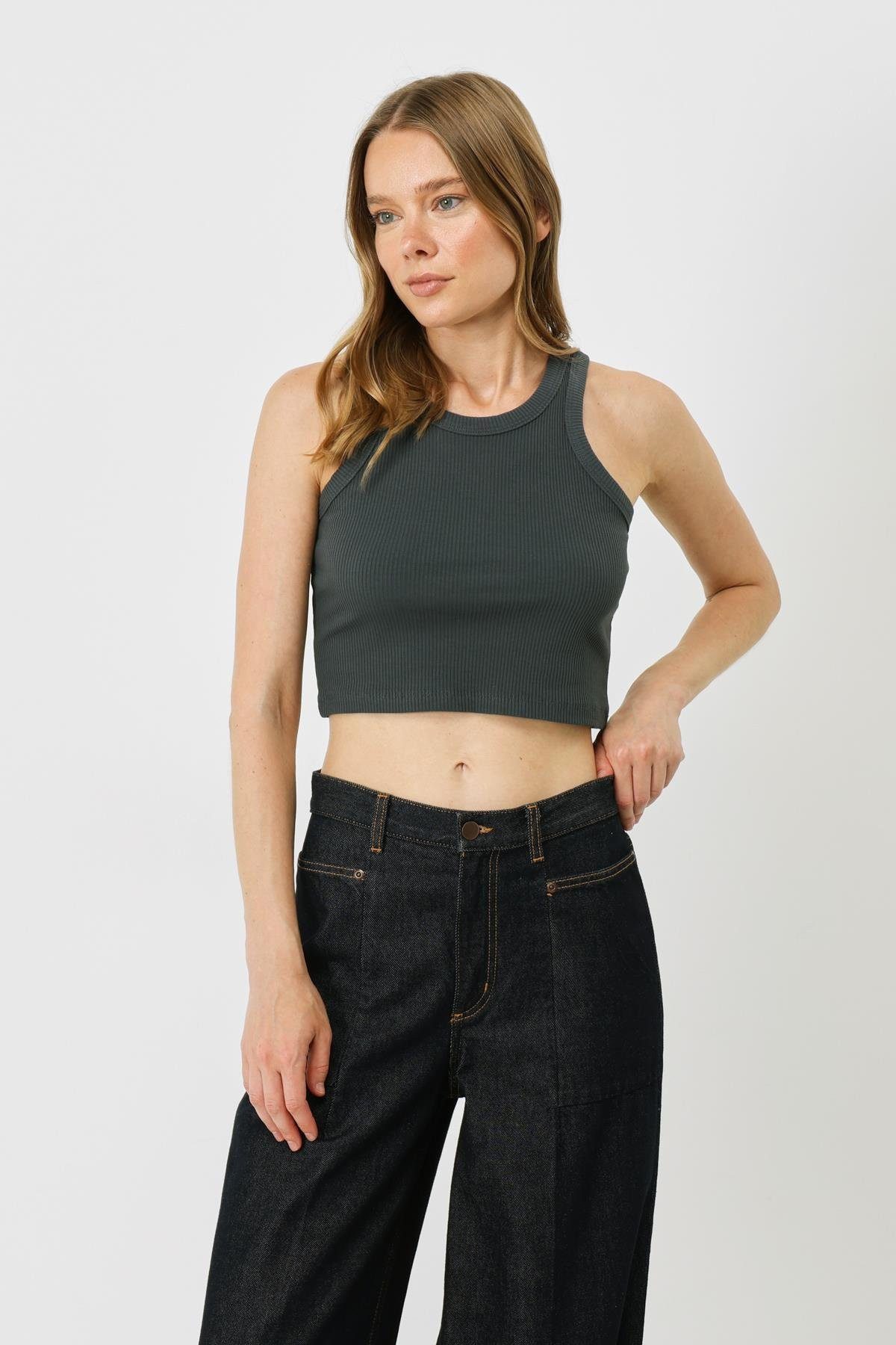 Blusenbody Damen Halterneck Ripp Stretch Crop Top