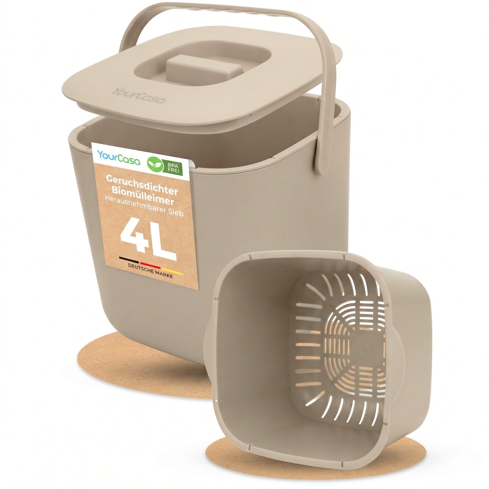 YourCasa Biomülleimer YourCasa® Biomülleimer Küche - Komposteimer für alltäglichen Biomüll, Mit Sieb, Spülmaschinenfest