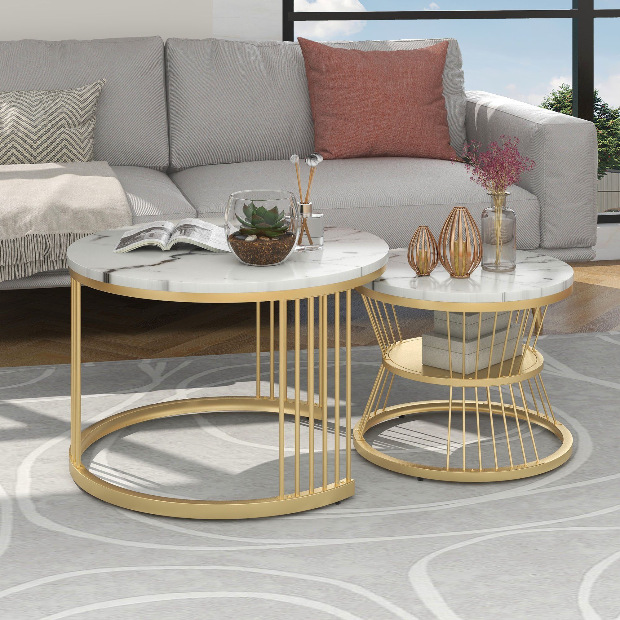 WISHDOR Endtische), Runde Nesting Set Weiß+Gold Sofa von Couchtisch Nest Couchtisch Tischen Marmor Nesting Moderne 2er Couchtisch Couchtisch, Furnier und Seite (Moderne