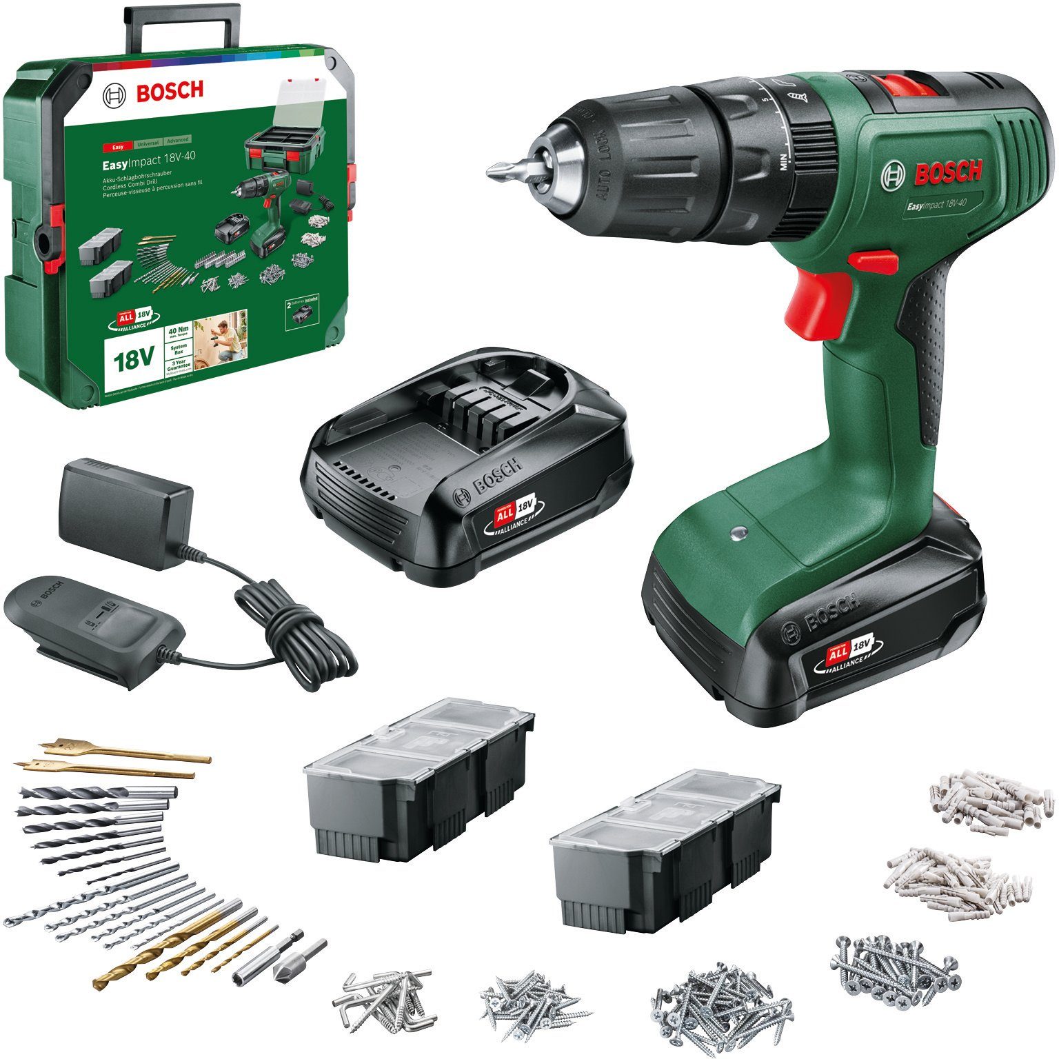 Bosch Home & Garden Akku-Schlagbohrschrauber EasyImpact Systembox, 241 teilig, mit 2 Akkus 18V/1,5Ah und Ladegerät