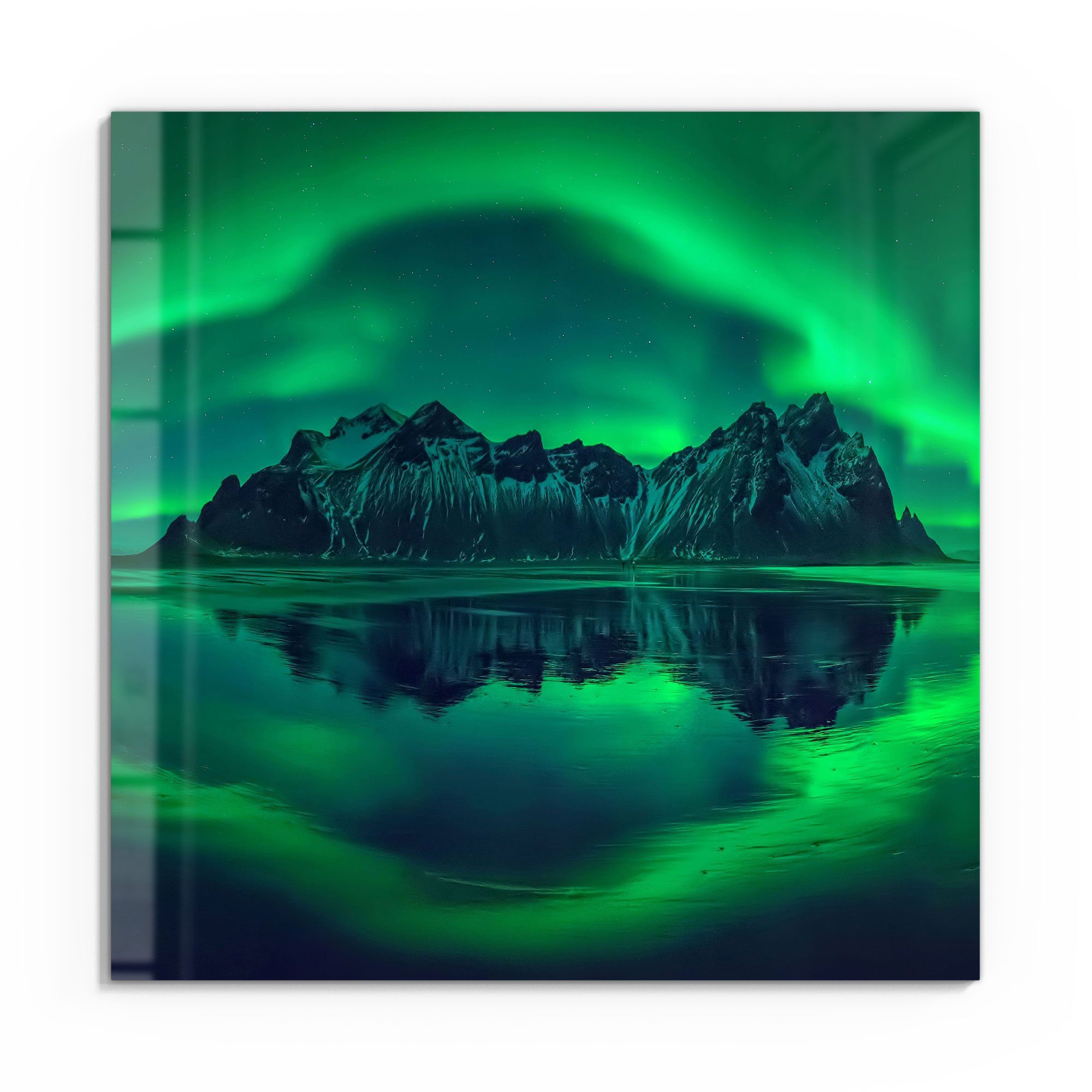 Glasbild Glas im Polarlicht\', \'Vestrahorn schwebend Polarlicht\', modern Bild DEQORI Wandbild im \'Vestrahorn