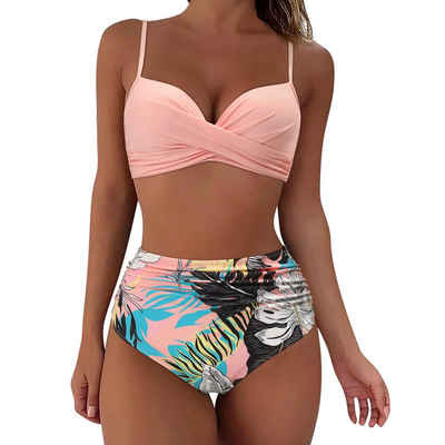 Orient Phoenix Oversize-Tankini Bikini-Sets mit tropischem Print und V-Ausschnitt Mehrlagiger, hoch geschnittener, zweiteiliger Badeanzug mit Farbblock