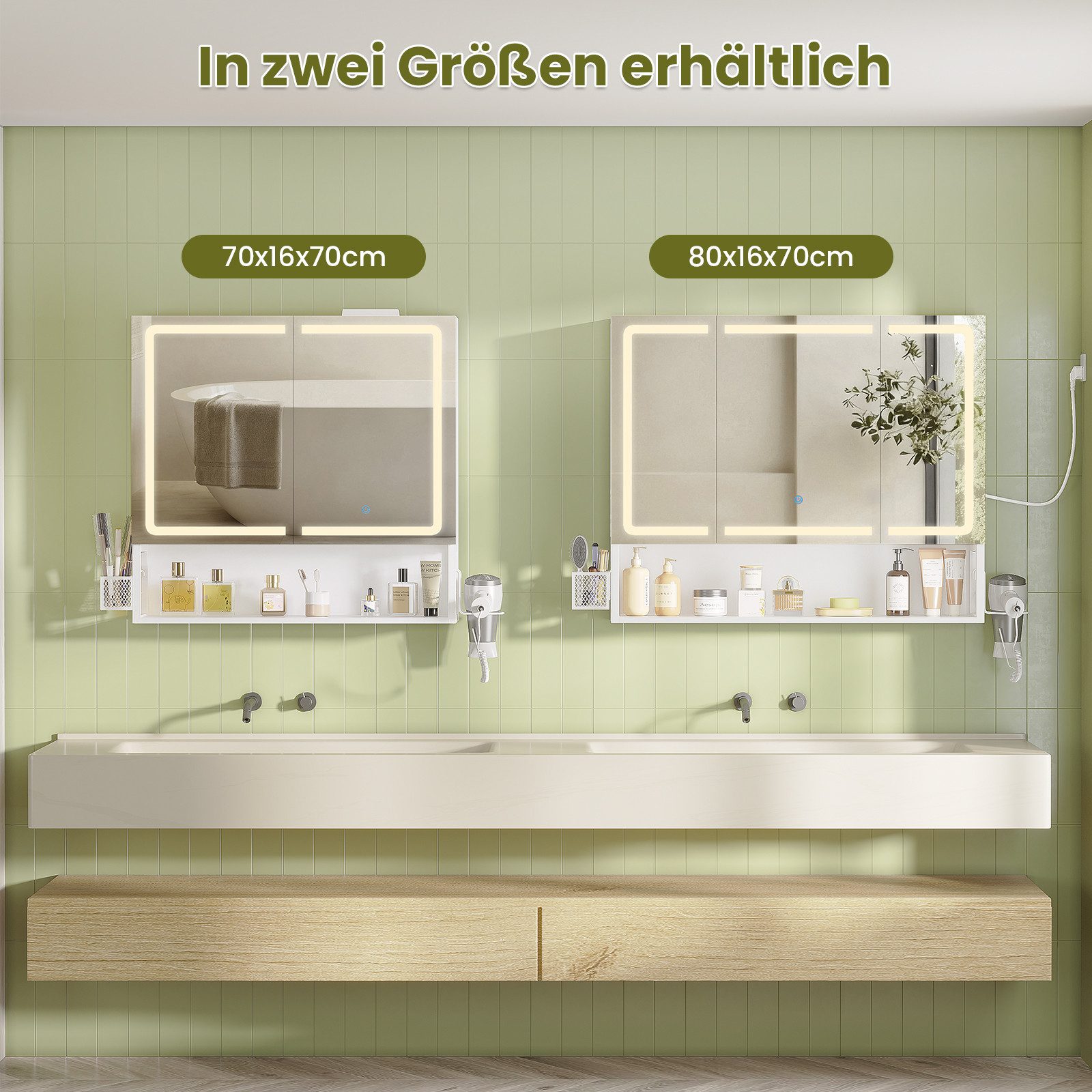 MSMASK Badezimmerspiegelschrank mit LED-Beleuchtung & Steckdose, Spiegelschrank (1-St) 3 Türen, 1 offener Einlegeboden, 80×16×70 cm, Weiß – Bild 4 von 5