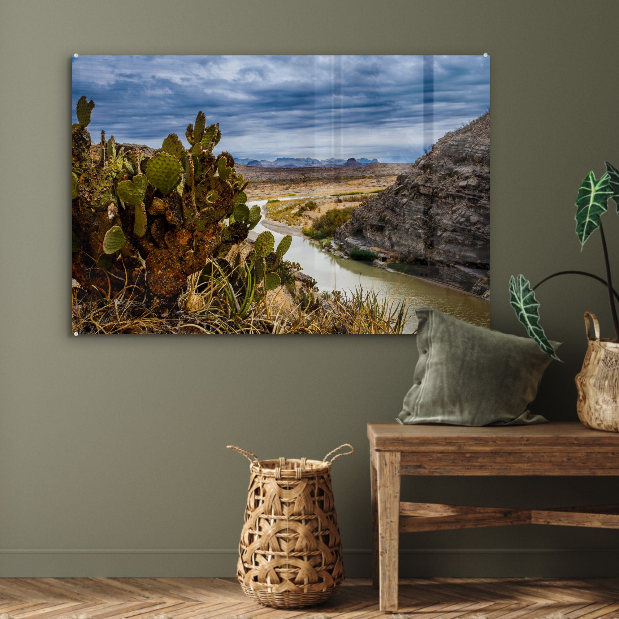 MuchoWow Acrylglasbild Ein Kaktus St), & einem unter ein Fluss Acrylglasbilder Schlafzimmer imposanten (1 Big im Himmel und Wohnzimmer Bend