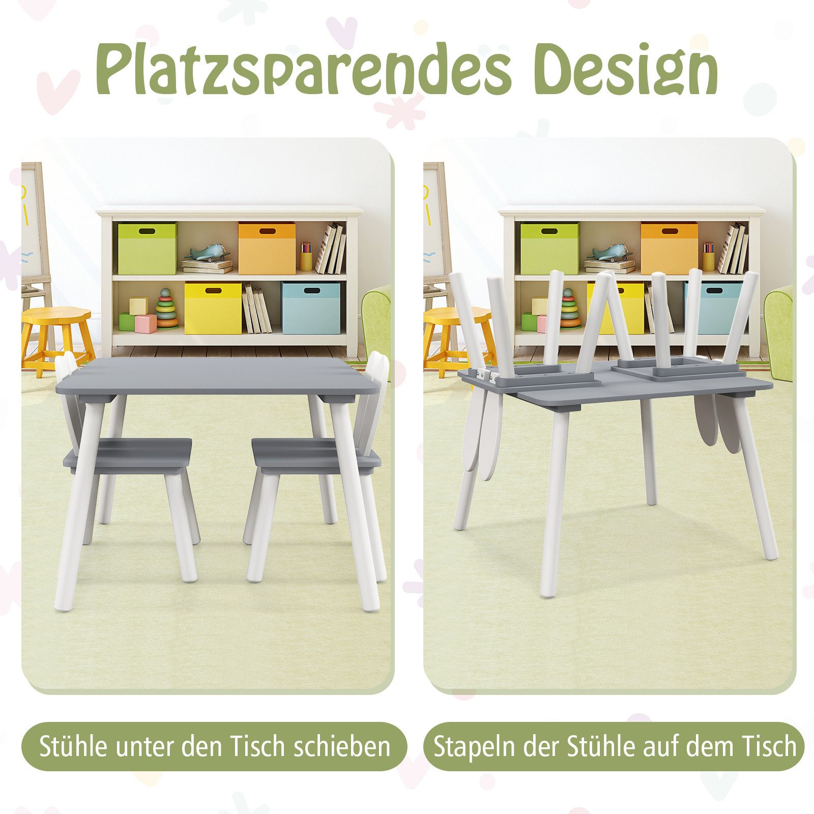 COSTWAY Kindersitzgruppe 3 TLG. mit Tisch & 2 Stühlen, aus Holz, für 3-6 Jahre