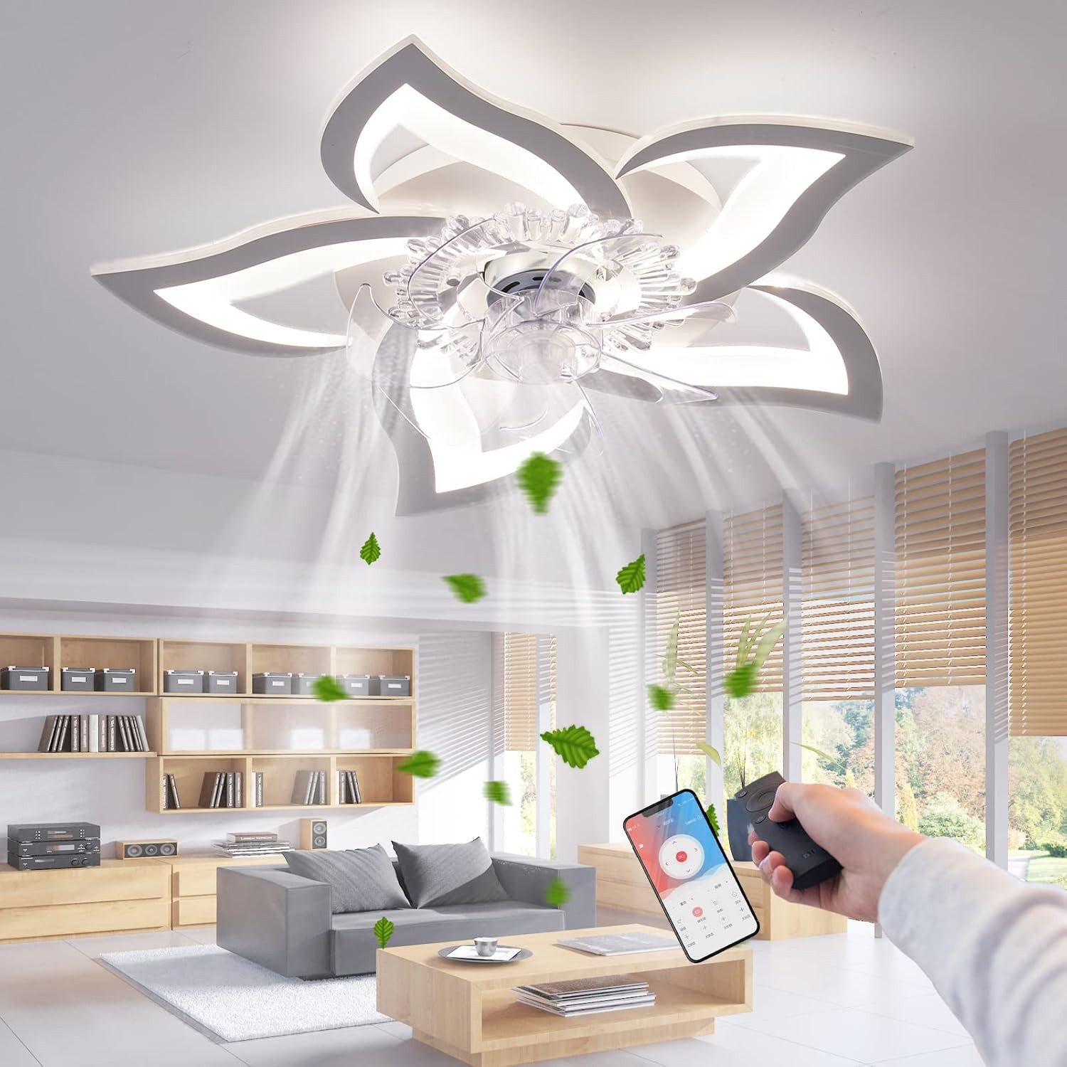 RRBEST Deckenventilator LED-Deckenventilator mit Beleuchtung, 5-flammiges Design, dimmbarer, leiser Deckenventilator mit Fernbedienung und App-Steuerung
