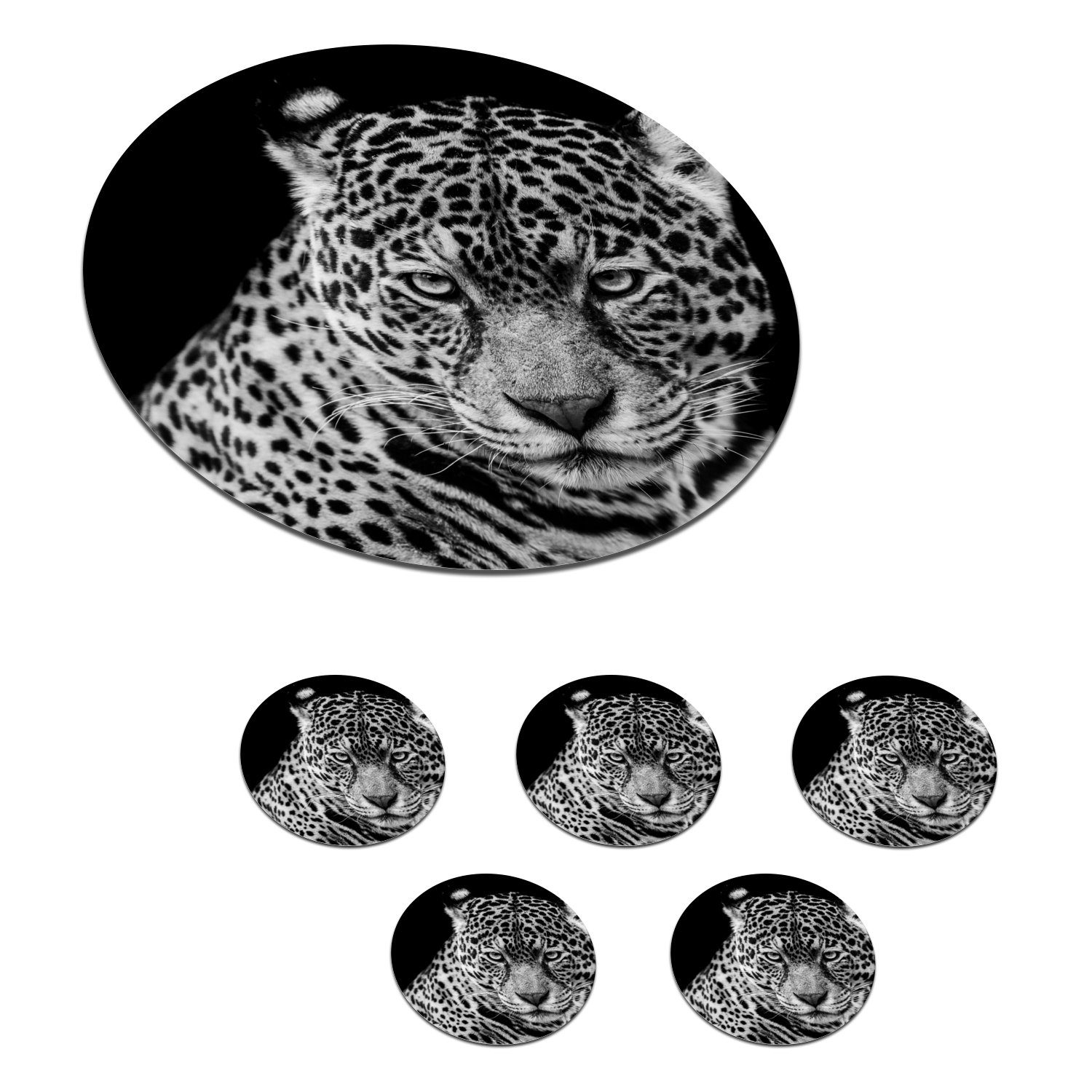 MuchoWow Glasuntersetzer Leopard - Tiere - Schwarz - Weiß - Porträt, Zubehör für Gläser, 6-tlg., Getränkeuntersetzer, Tassenuntersetzer, Korkuntersetzer, Tasse, Becher