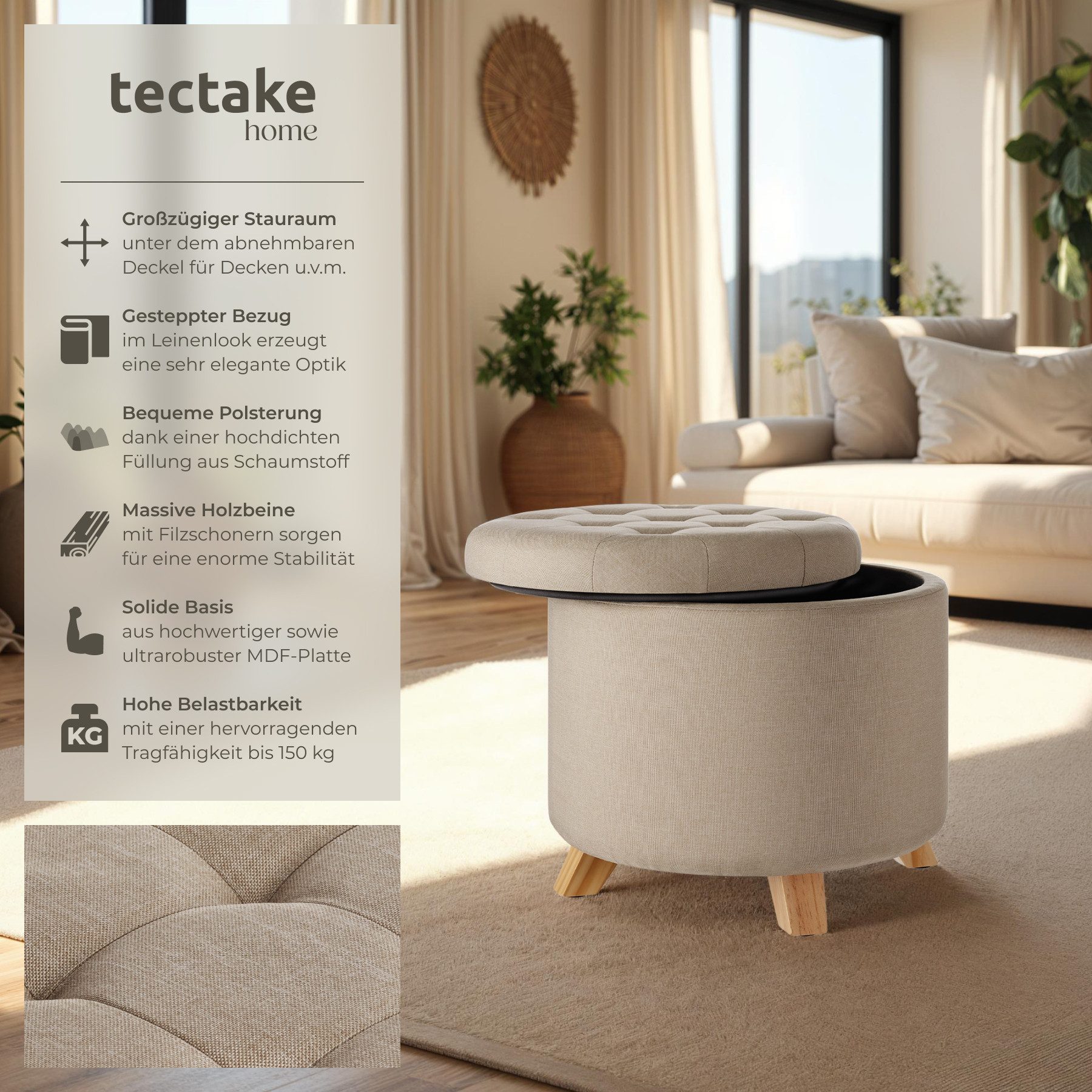 tectake Sitzhocker Schminkhocker Suna in Leinenoptik günstig online kaufen