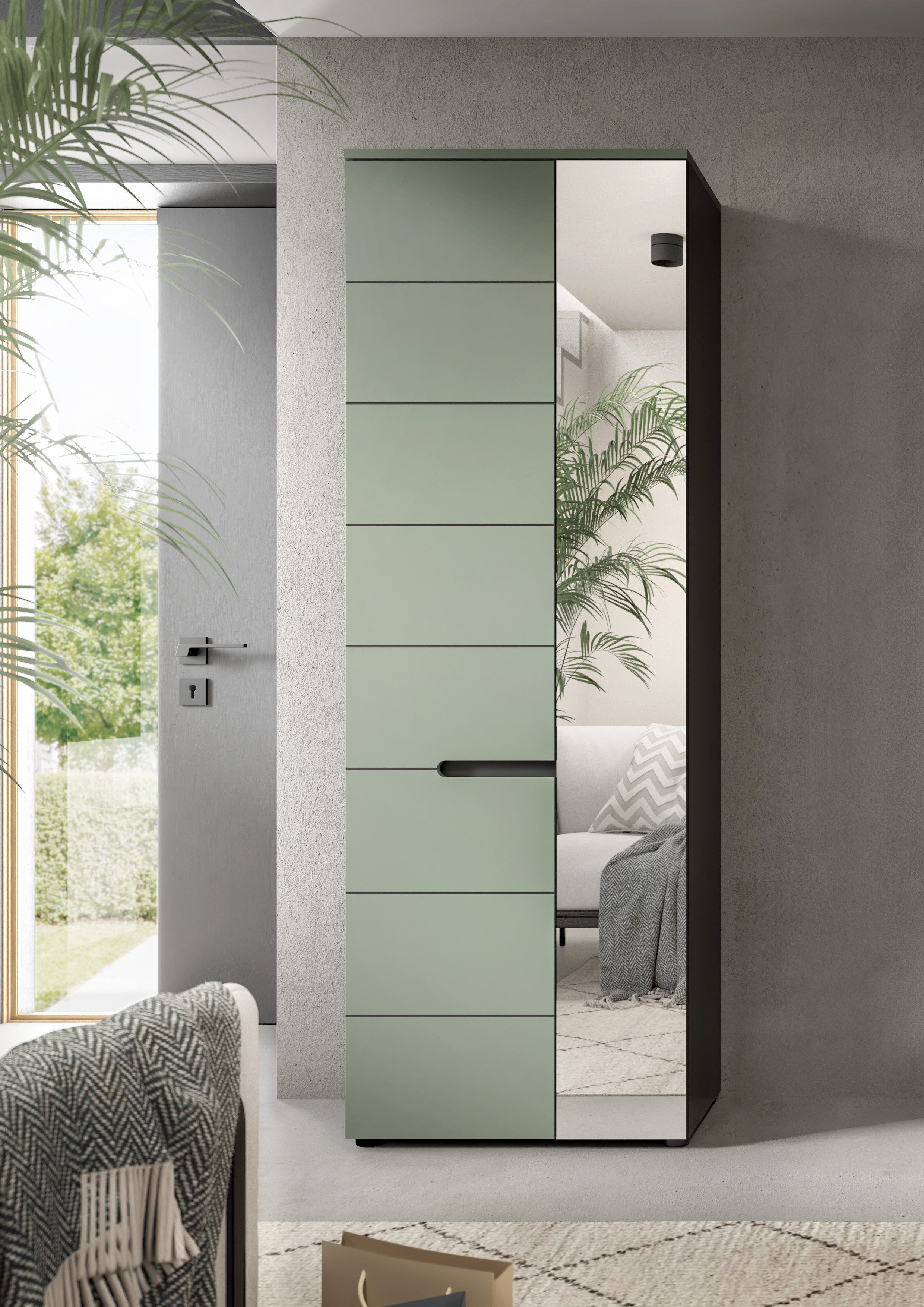 furnling Garderobenschrank Cano 1 Tür, 1 Spiegeltür, 6 Fächer, grau/grün, Garderobenmöbel, Flurmöbel
