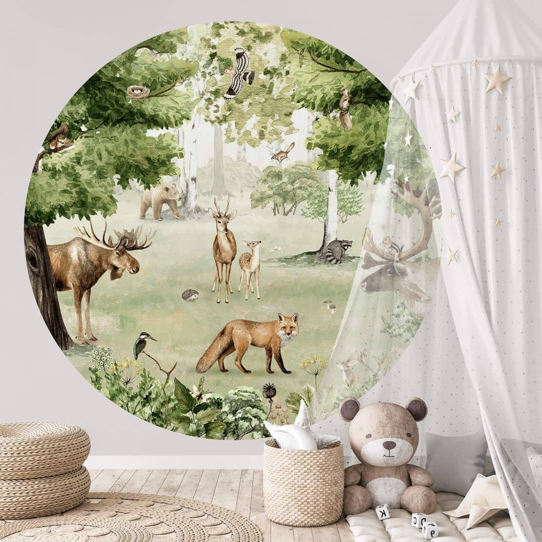 K&L Wall Art Fototapete Wald Kindertapete Babyzimmer Vliestapete Waldtiere rund Kikki Belle, große XXL Motivtapete, Traumhafte Vlies-Fototapeten für Kinderzimmer, hergestellt in Berlin