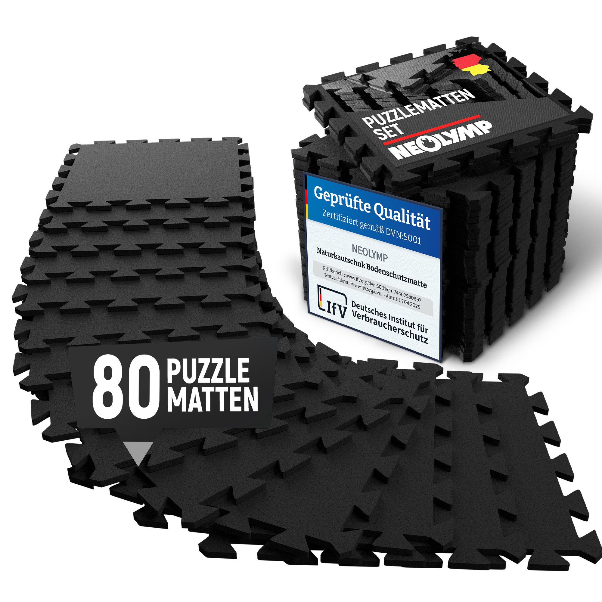 NEOLYMP Bodenmatte Robuste Bodenschutzmatte - Fitness - Schutzmatte Boden - Fitnessmatte (80 Puzzlematten inkl. Randstücke, 80 Schutzmatten Boden inklusive Randstücke - Puzzletechnik Sportmatte), Schützt Fußboden, Kautschuk, Studioqualität, Anti-Rutsch