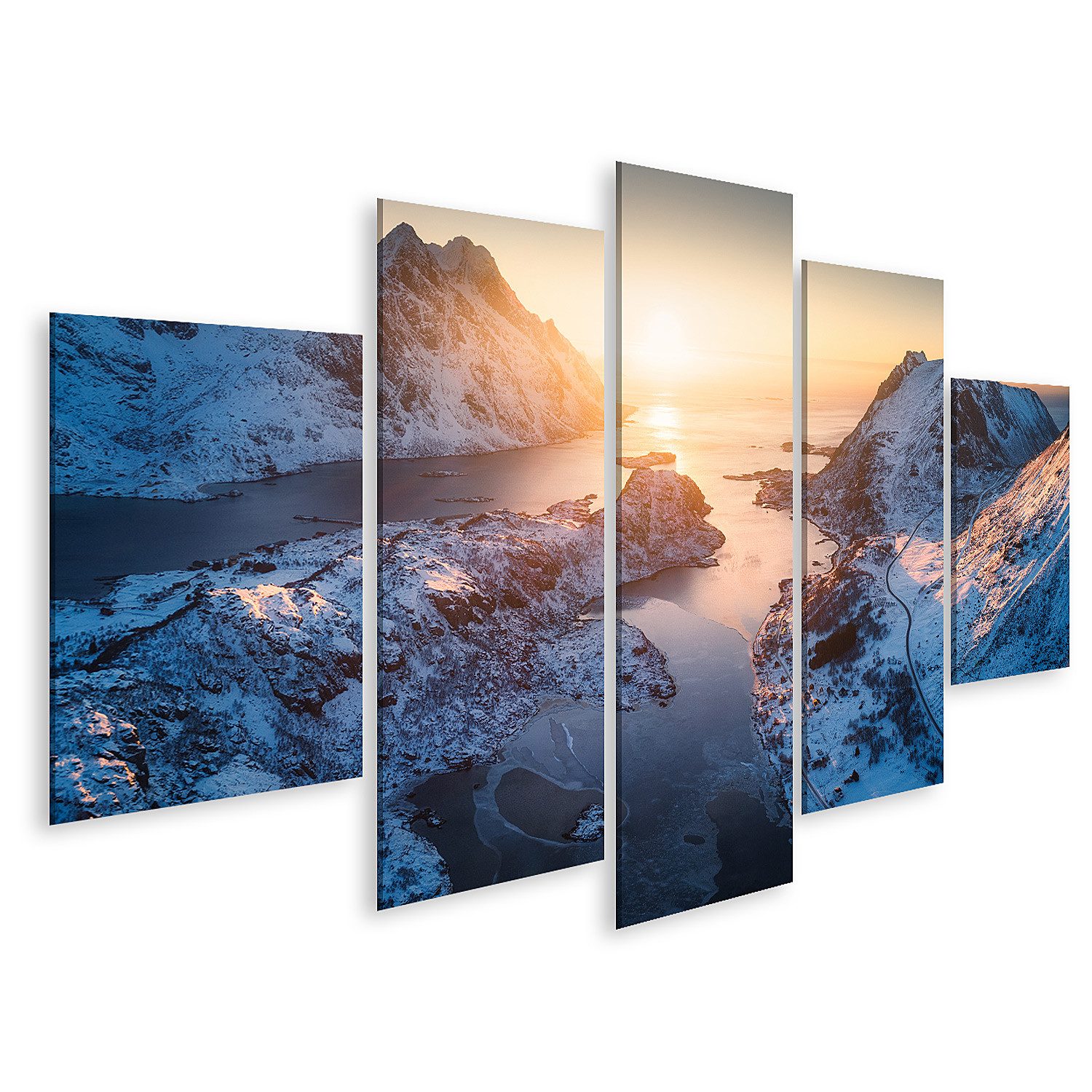 Leinwandbild Luftaufnahme eines schönen Fjords bei Sonnenuntergang auf de Bilder