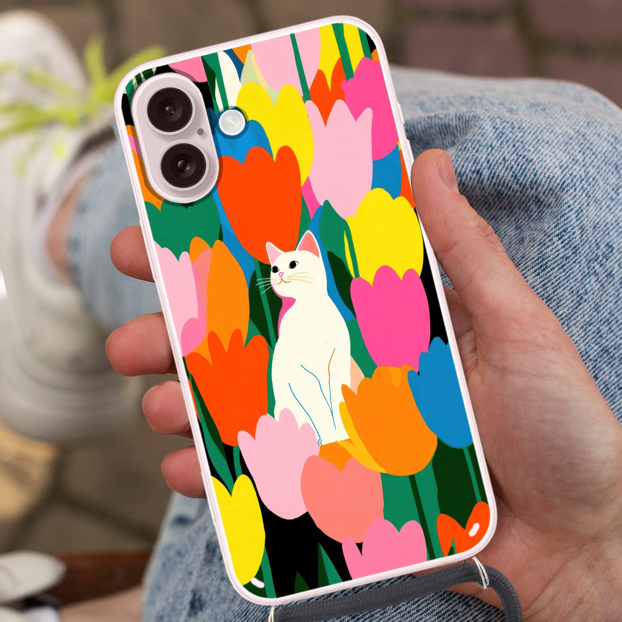 MuchoWow Handyhülle für Apple iPhone 16 Tulpen - Katze - Farbenfroh, Tragbare Handyhüllen mit Kette zum umhängen, Handykette Handyband