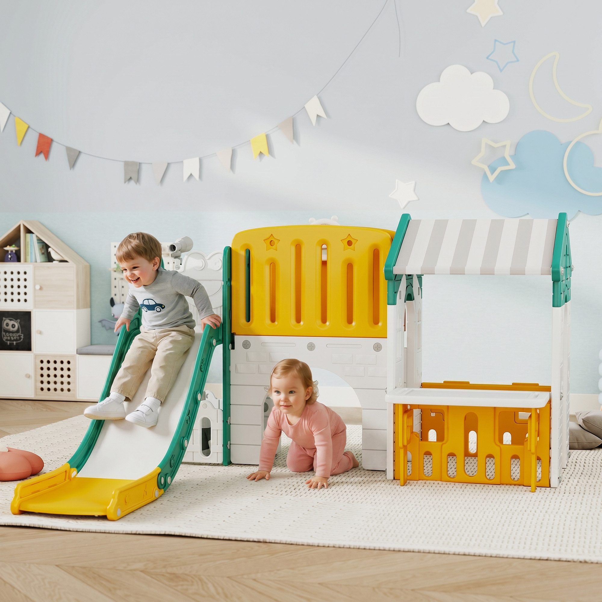 AIYAPLAY Rutsche Kinderrutsche mit Klettergerüst, Indoor und Outdoor, (Gartenrutsche, 1-tlg., Babyrutsche), für Kinder 1-4 Jahre, Gelb+Grün